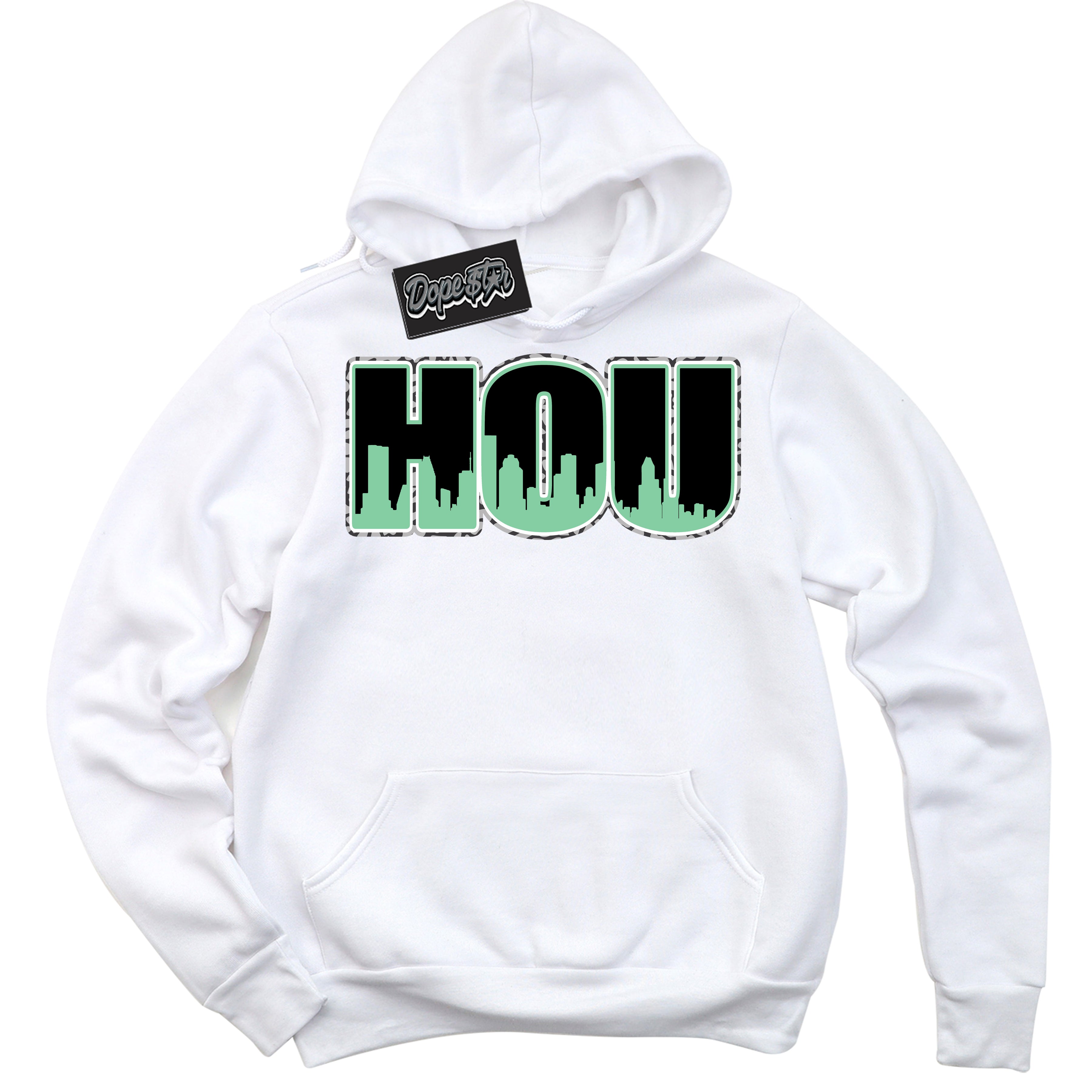 Cool White Graphic DopeStar Hoodie with “ Houston “ print, that perfectly matches Green Glow 3s sneakers