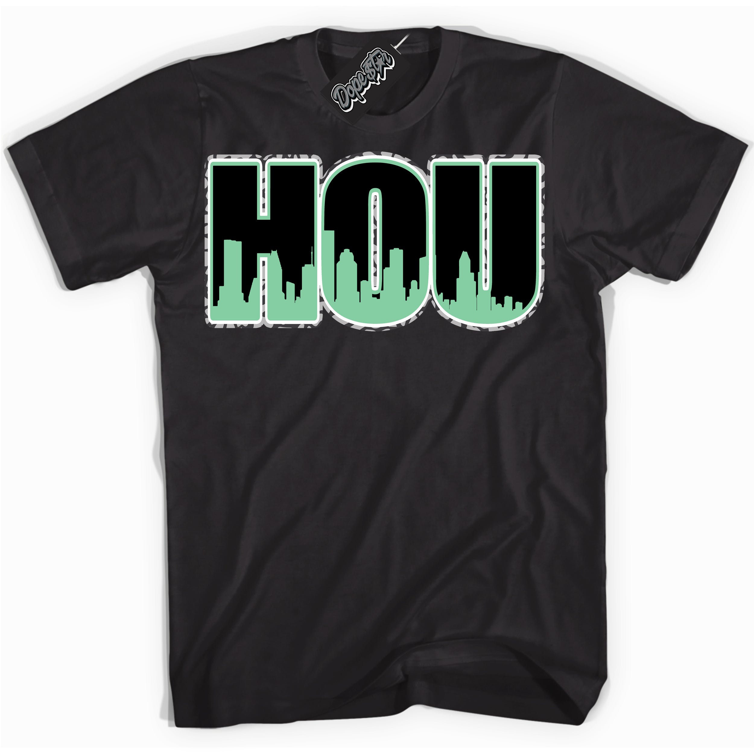 Cool Black graphic tee with “ Houston ” design, that perfectly matches Green Glow 3s sneakers 