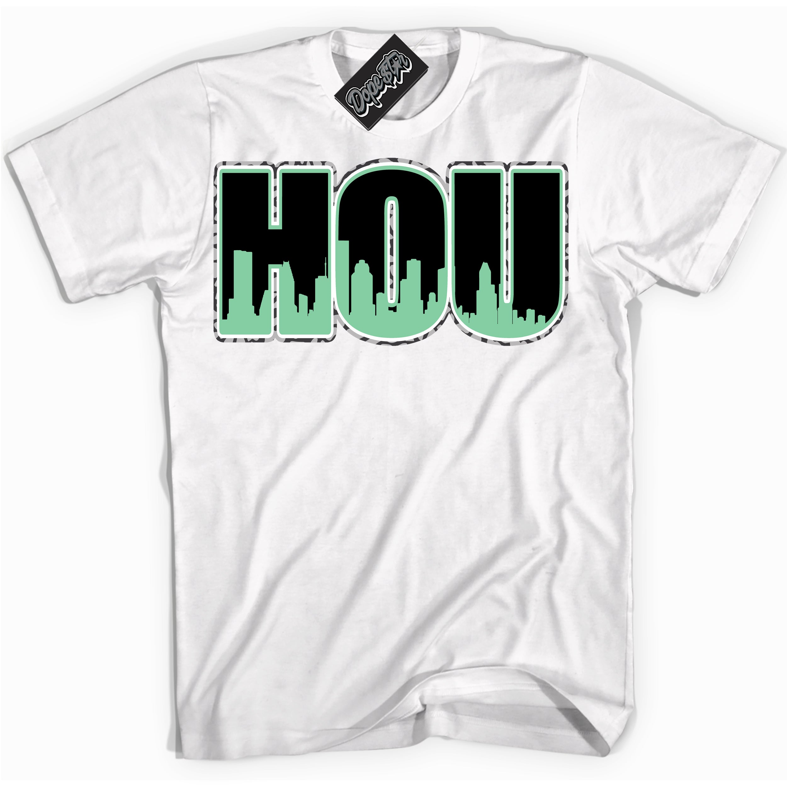 Cool White graphic tee with “ Houston ” design, that perfectly matches Green Glow 3s sneakers 