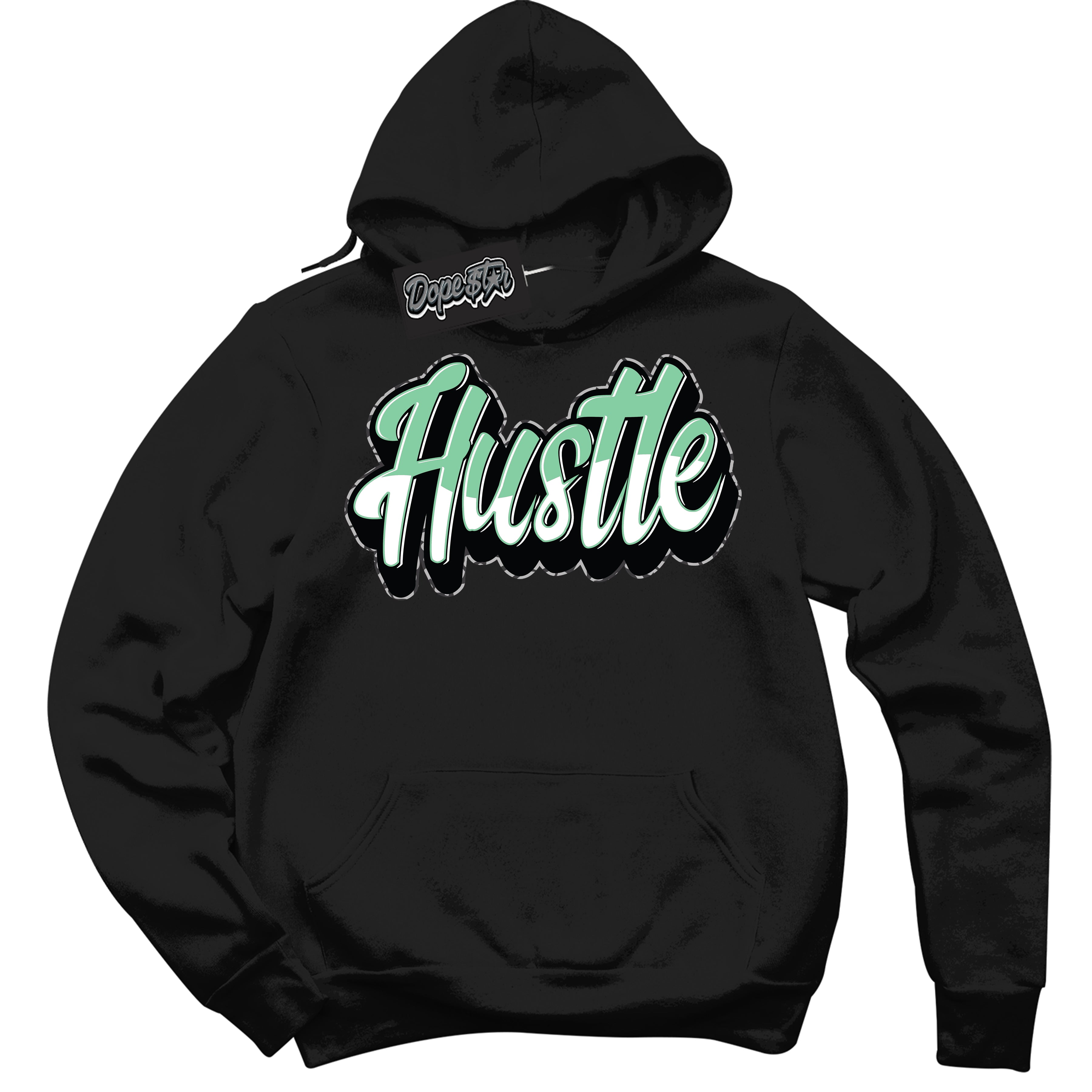 Cool Black Graphic DopeStar Hoodie with “ Hustle 2 “ print, that perfectly matches Green Glow 3S sneakers
