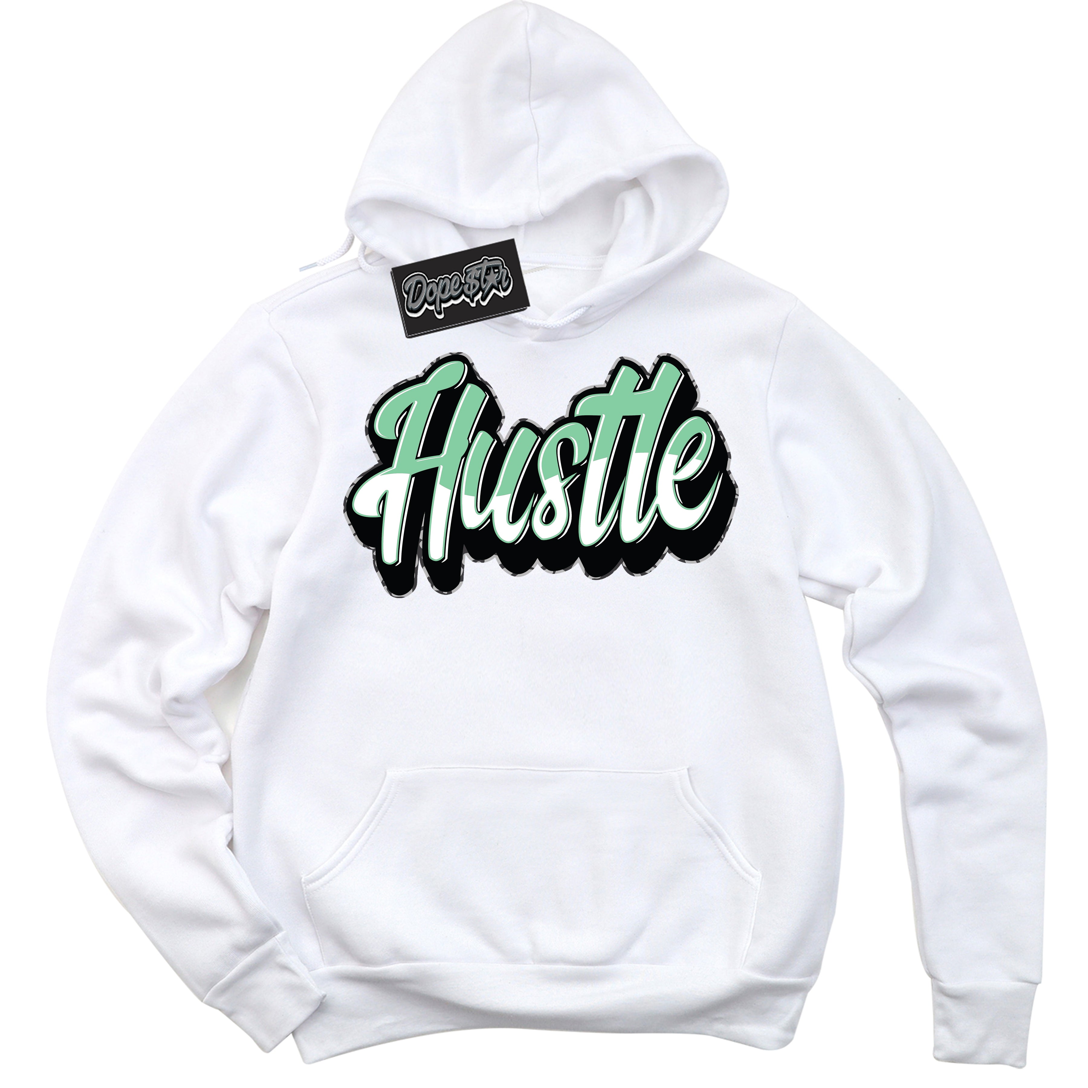 Cool White Graphic DopeStar Hoodie with “ Hustle 2 “ print, that perfectly matches Green Glow 3s sneakers