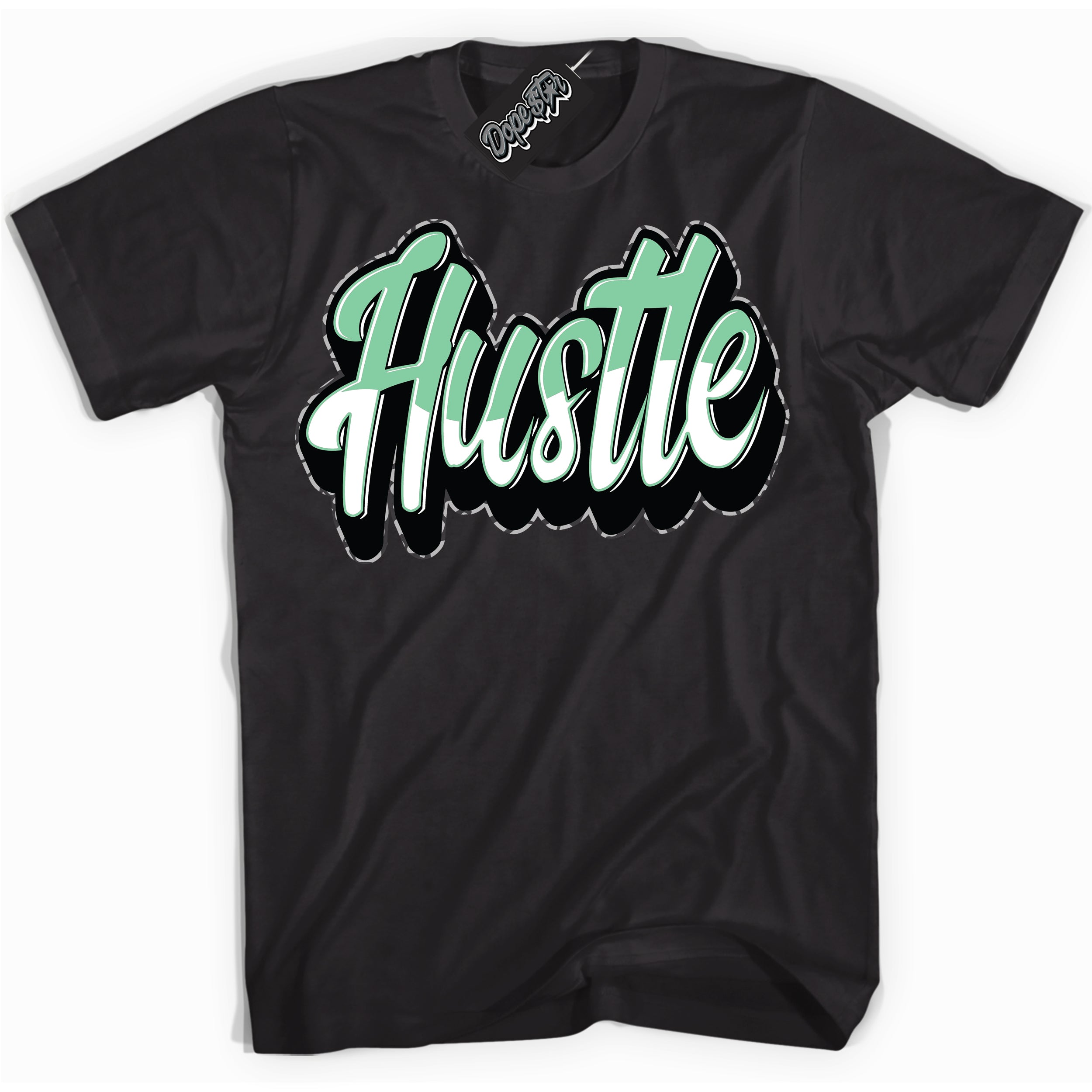Cool Black graphic tee with “ Hustle 2 ” design, that perfectly matches Green Glow 3s sneakers 