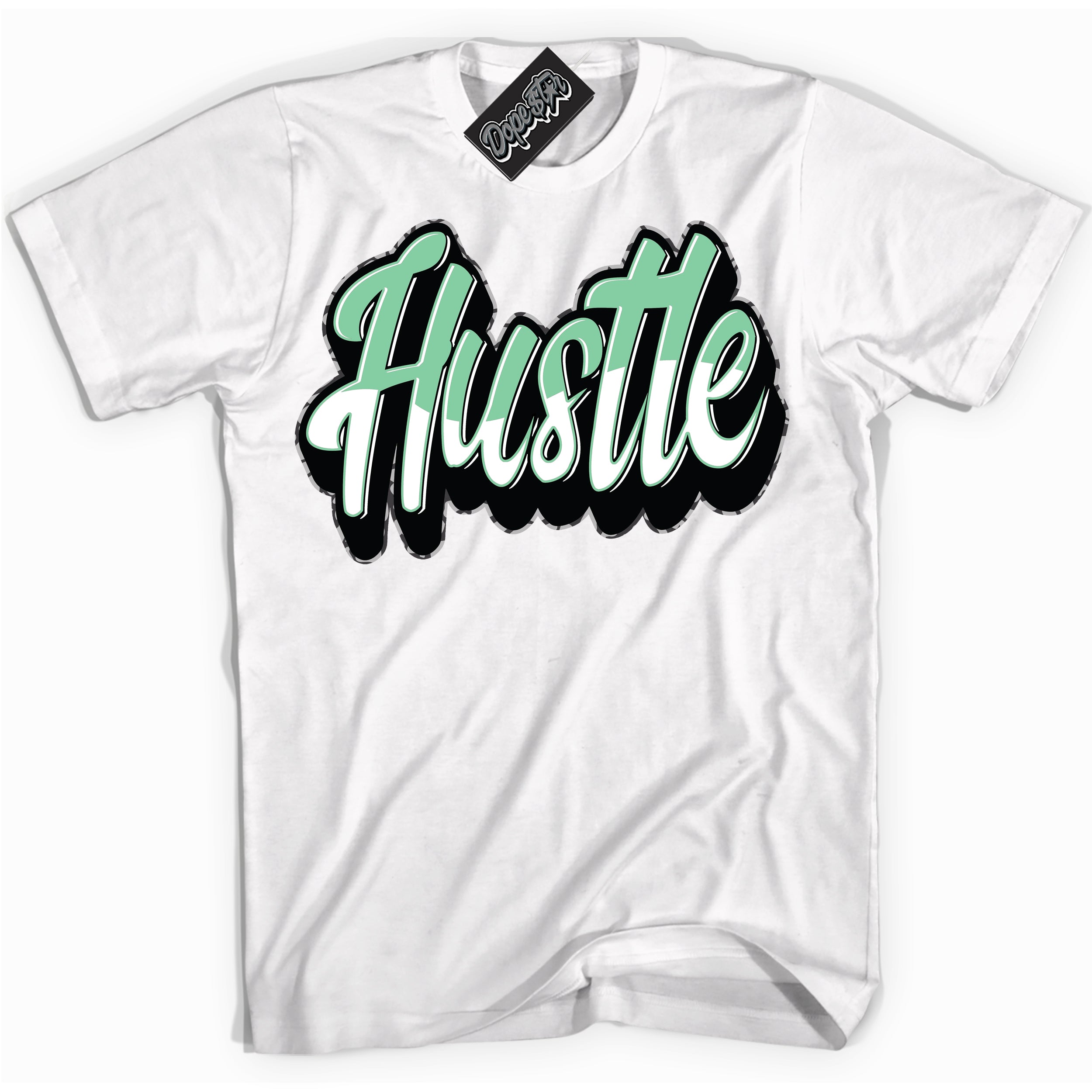 Cool White graphic tee with “ Hustle 2 ” design, that perfectly matches Green Glow 3s sneakers 