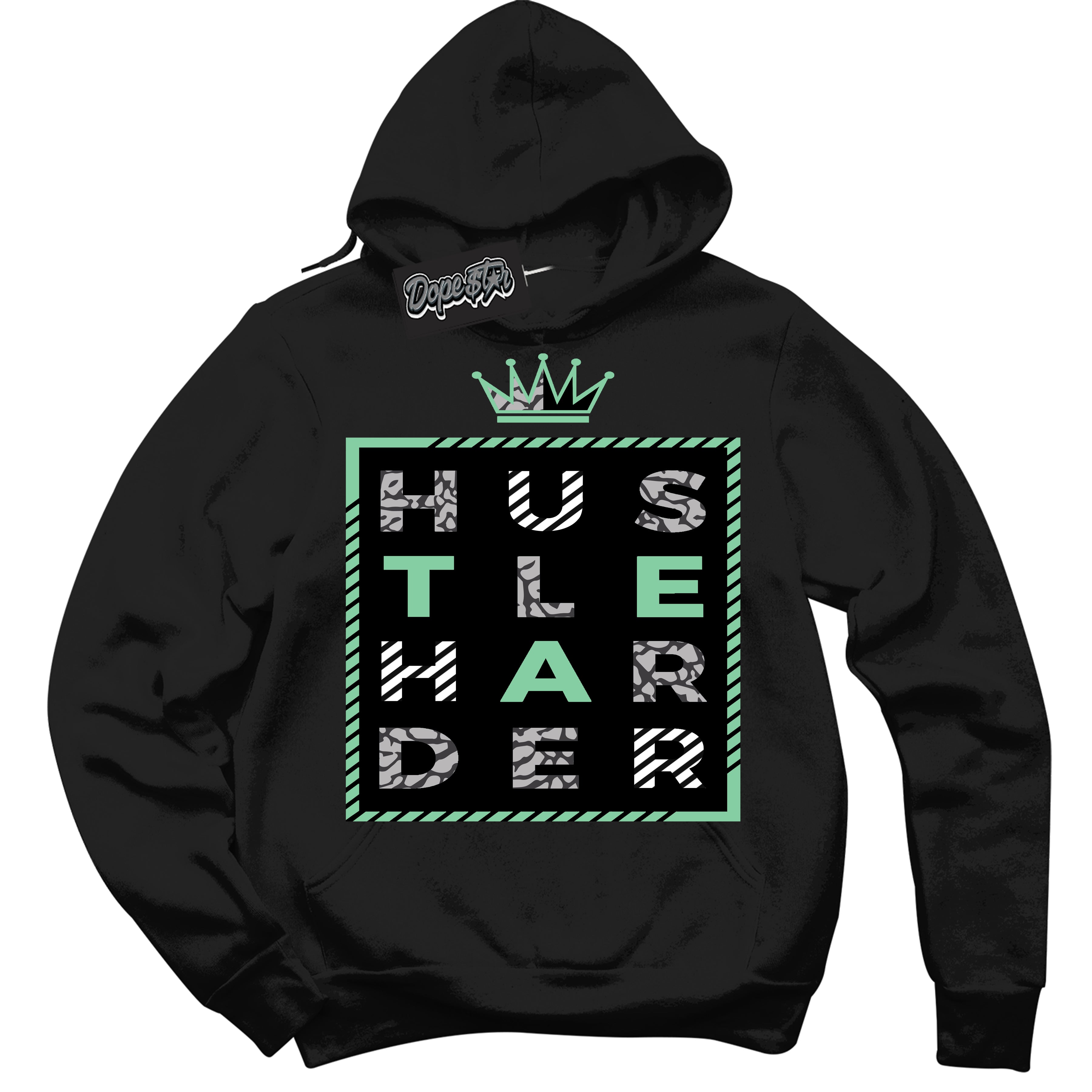 Cool Black Graphic DopeStar Hoodie with “ Hustle Harder “ print, that perfectly matches Green Glow 3S sneakers