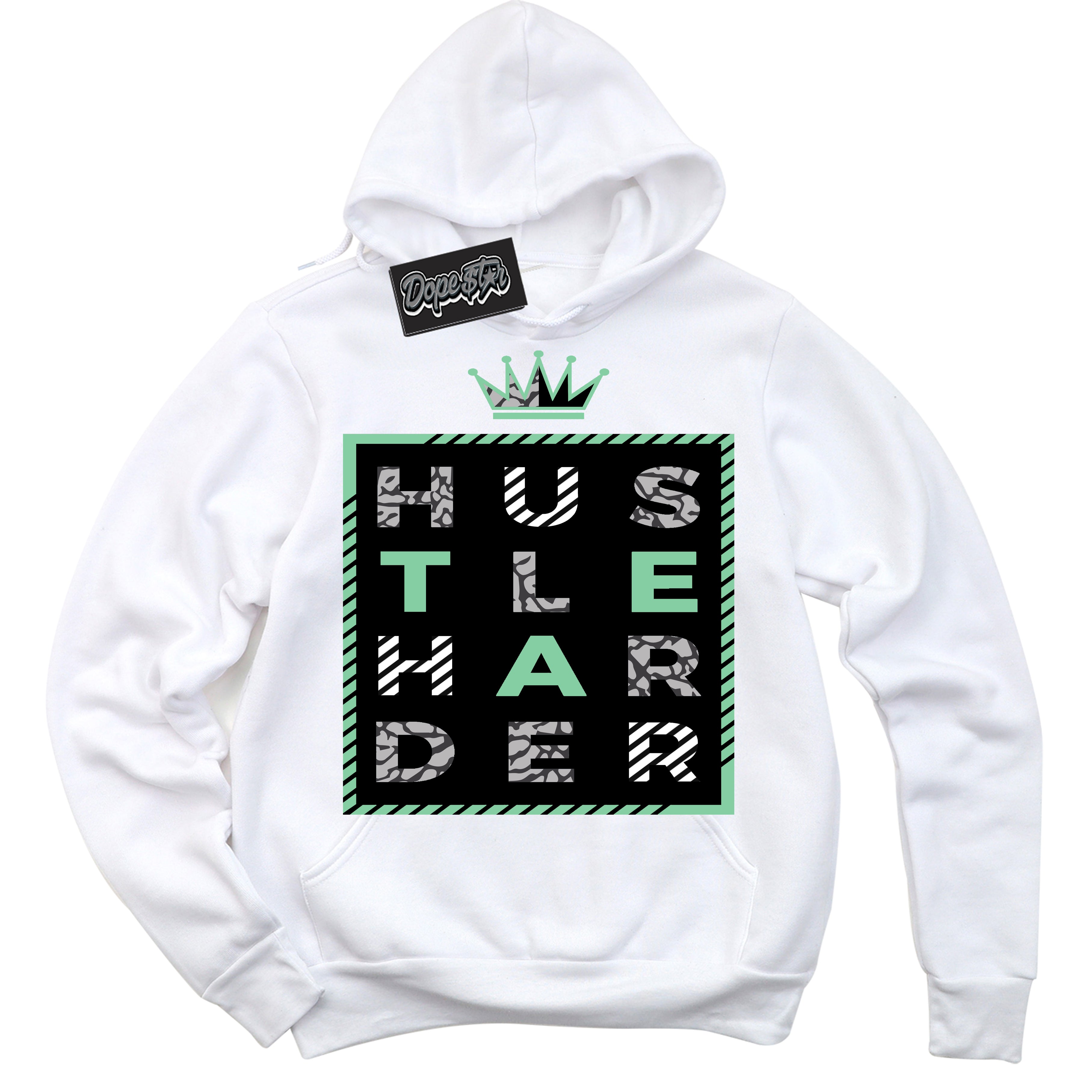 Cool White Graphic DopeStar Hoodie with “ Hustle Harder “ print, that perfectly matches Green Glow 3s sneakers