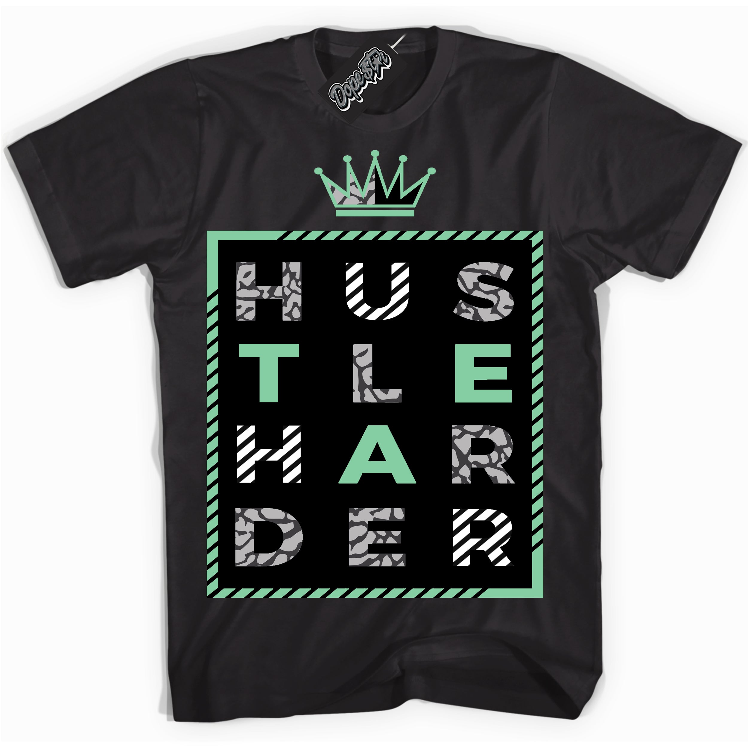 Cool Black graphic tee with “ Hustle Harder ” design, that perfectly matches Green Glow 3s sneakers 