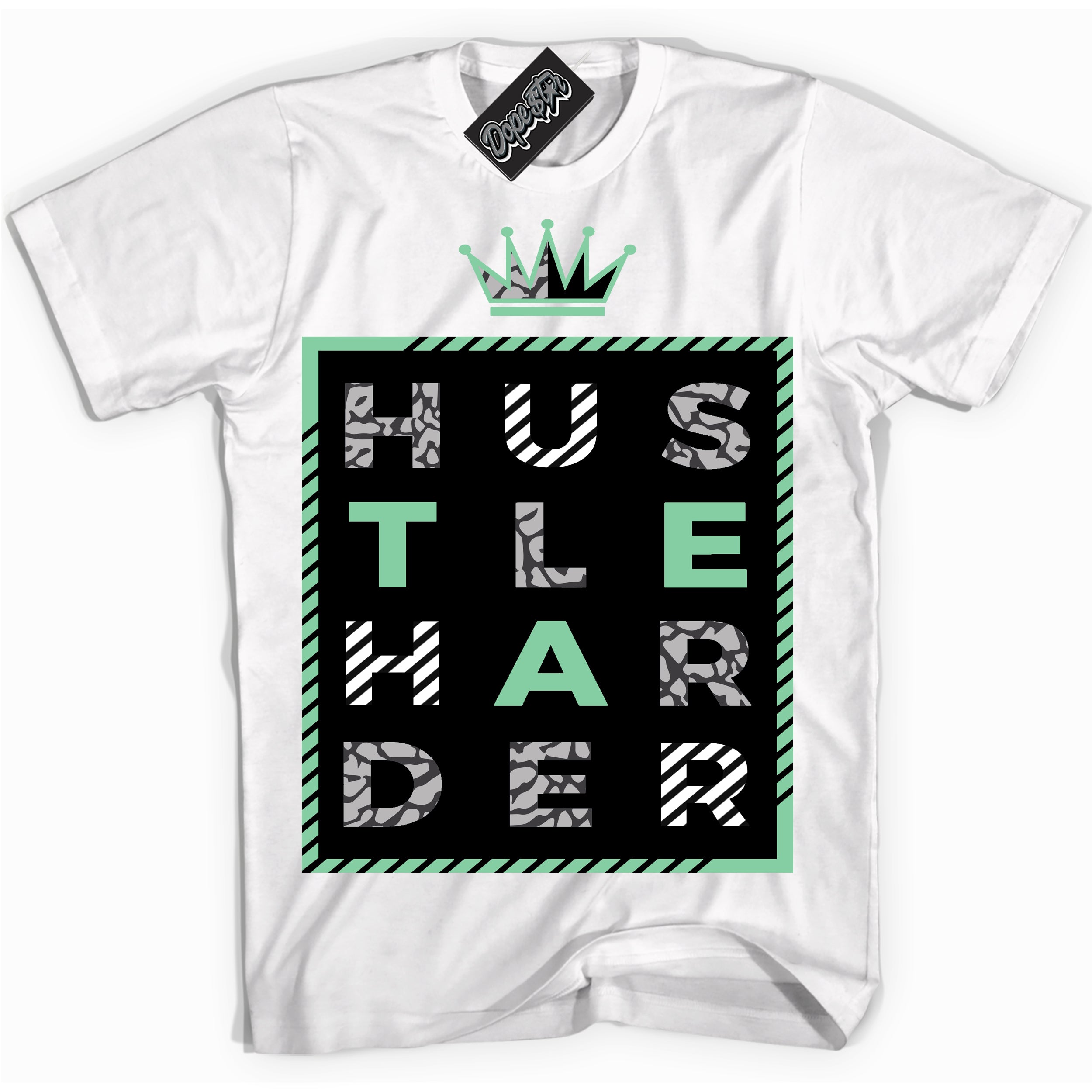 Cool White graphic tee with “ Hustle Harder ” design, that perfectly matches Green Glow 3s sneakers 