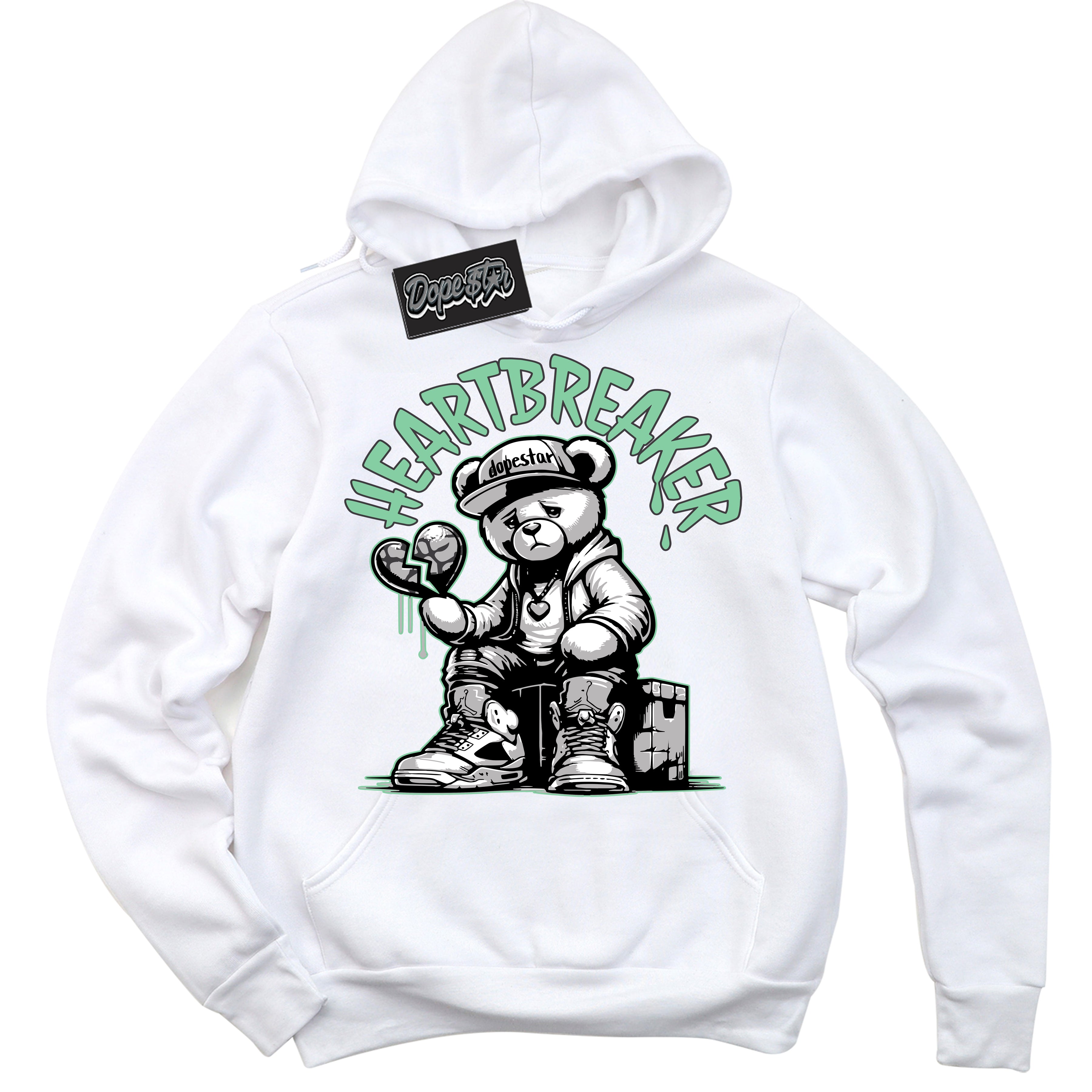 Cool White Graphic DopeStar Hoodie with “ Heartbreaker “ print, that perfectly matches Green Glow 3s sneakers
