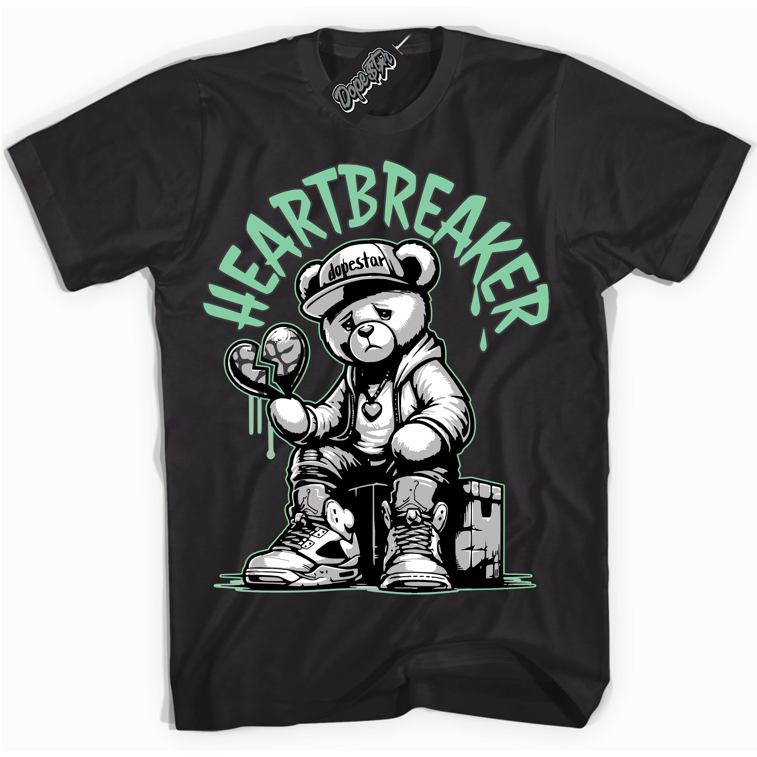 Cool Black graphic tee with “ Heartbreaker Bear ” design, that perfectly matches Green Glow 3s sneakers 