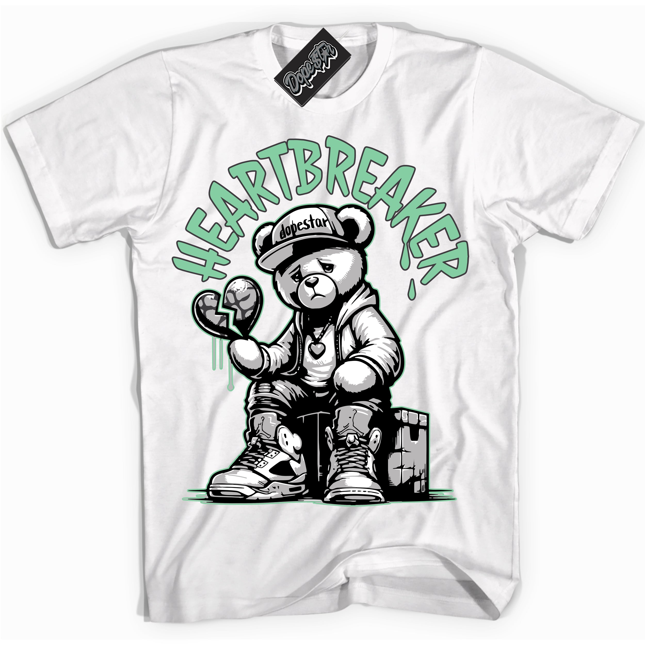 Cool White graphic tee with “ Heartbreaker Bear ” design, that perfectly matches Green Glow 3s sneakers 