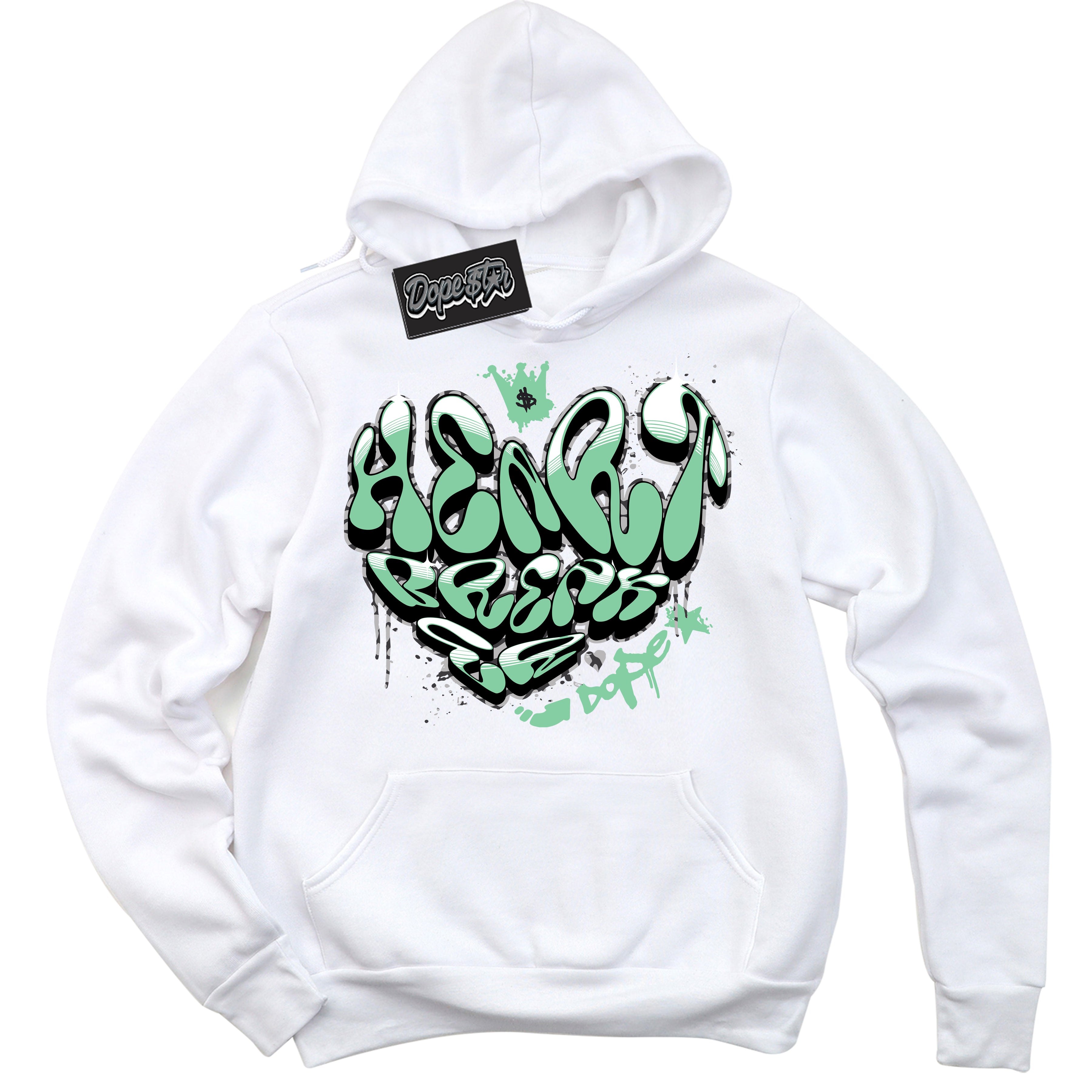 Cool White Graphic DopeStar Hoodie with “ Heartbreaker Graffiti “ print, that perfectly matches Green Glow 3s sneakers