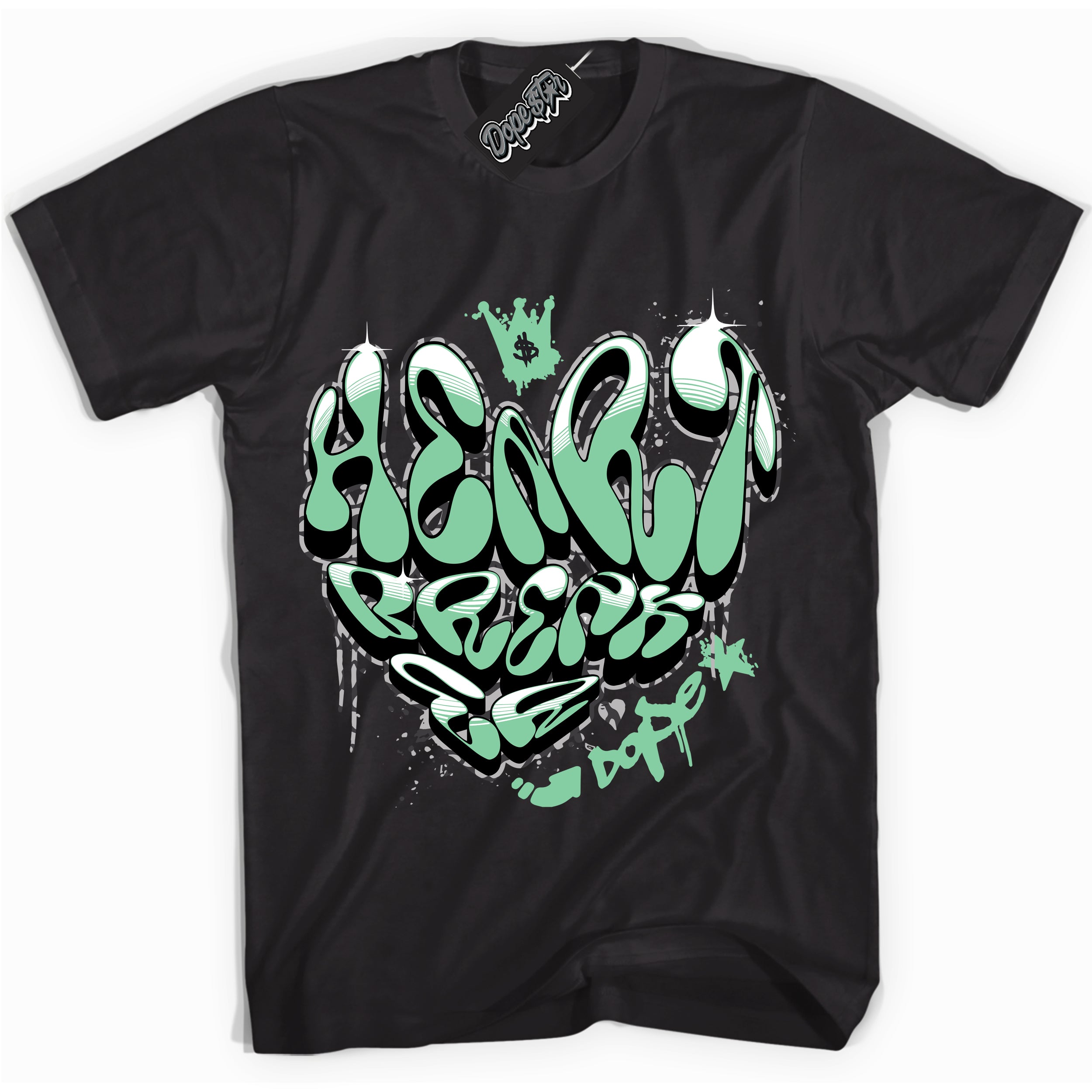 Cool Black graphic tee with “ Heartbreaker Graffiti ” design, that perfectly matches Green Glow 3s sneakers 