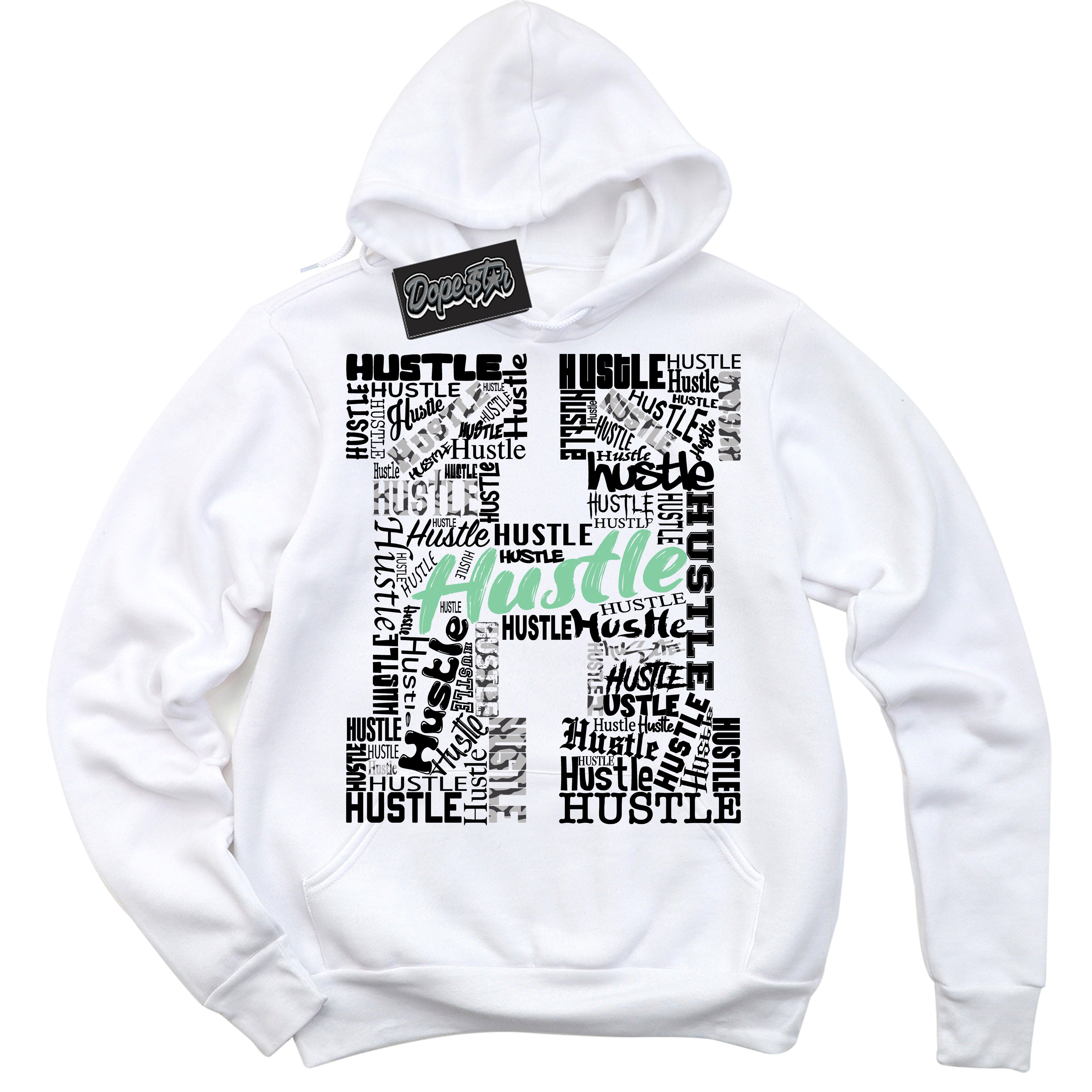 Cool White Graphic DopeStar Hoodie with “ Hustle “ print, that perfectly matches Green Glow 3s sneakers