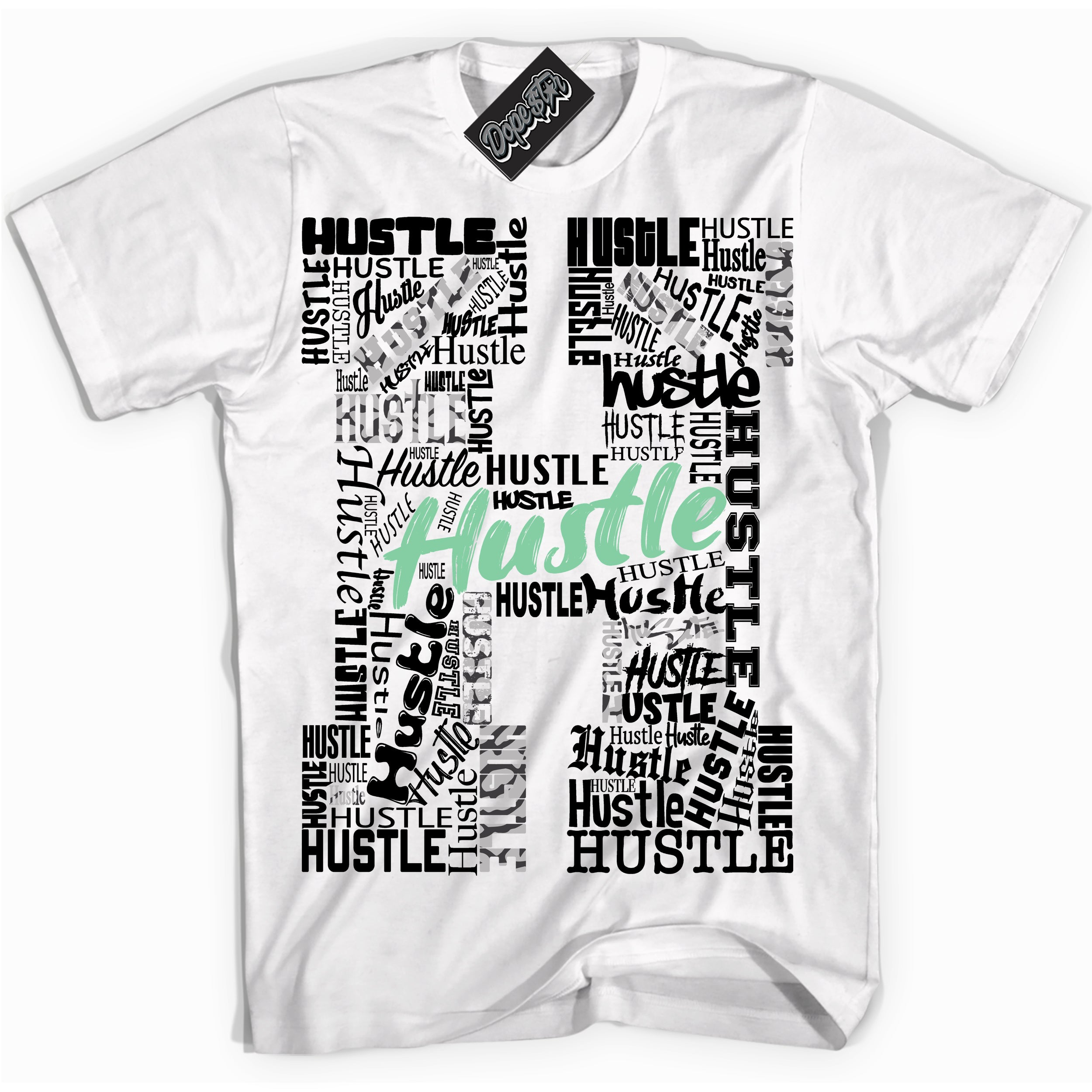 Cool White graphic tee with “ Hustle ” design, that perfectly matches Green Glow 3s sneakers 