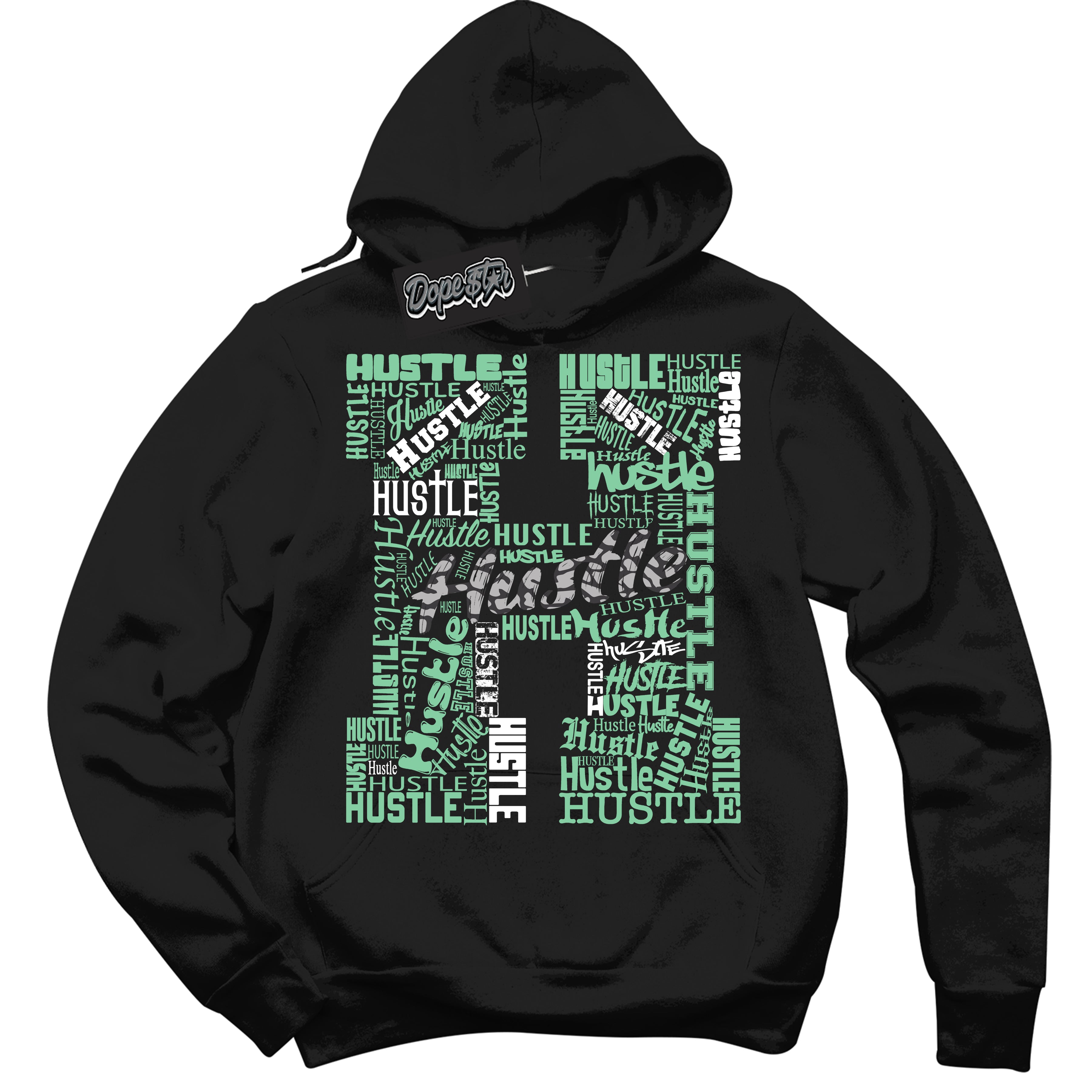 Cool Black Graphic DopeStar Hoodie with “ Hustle “ print, that perfectly matches Green Glow 3S sneakers