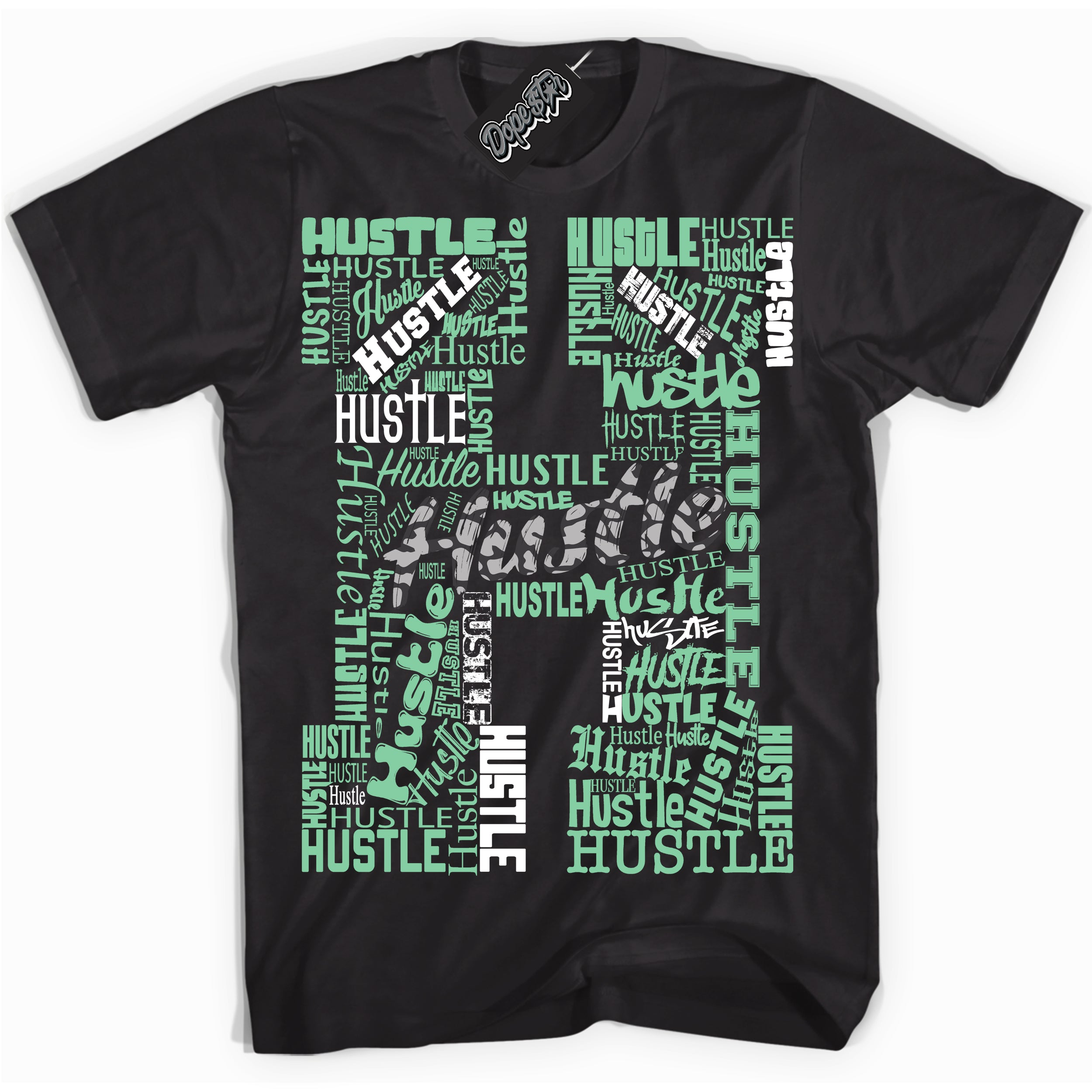 Cool Black graphic tee with “ Hustle ” design, that perfectly matches Green Glow 3s sneakers 