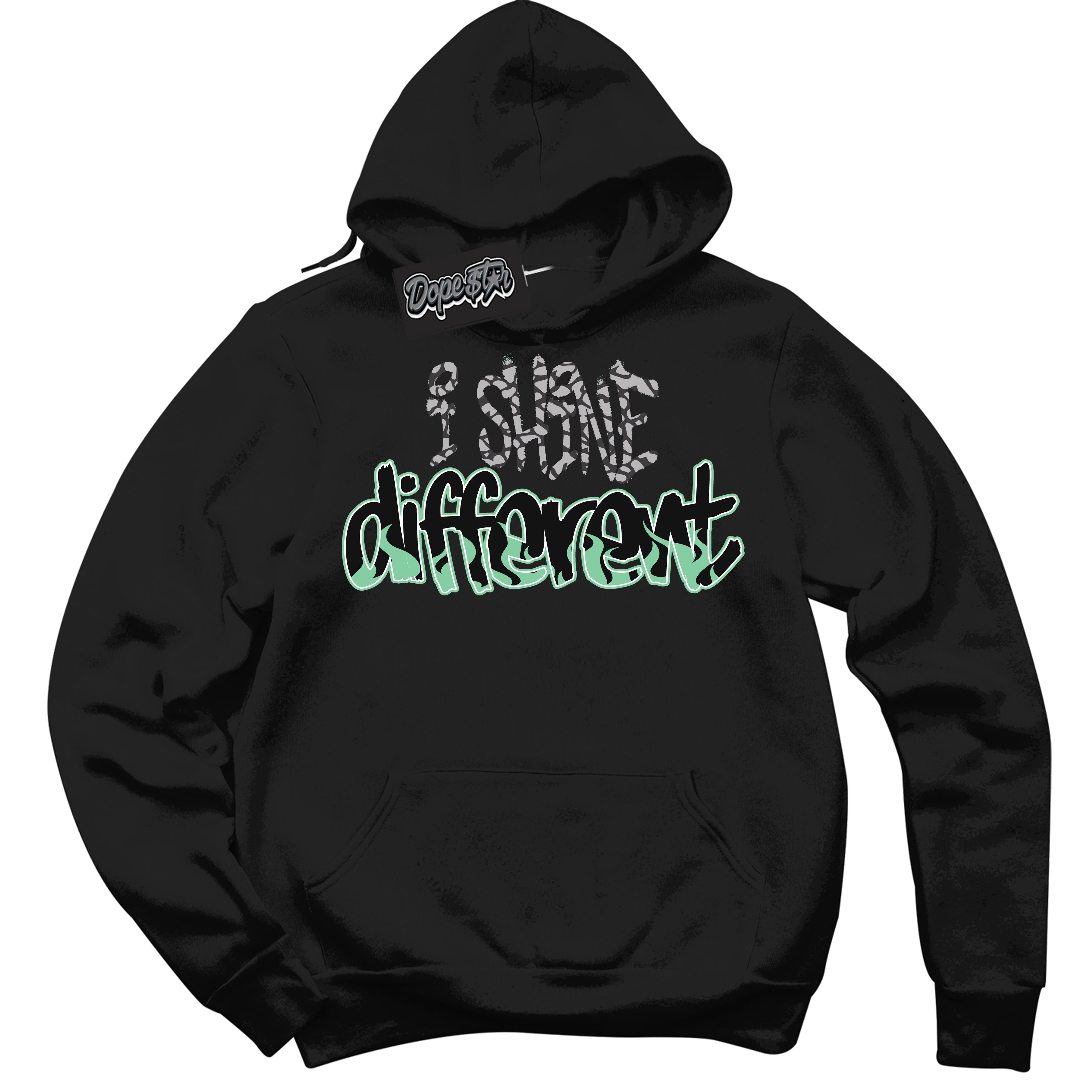 Cool Black Graphic DopeStar Hoodie with “ I Shine Different “ print, that perfectly matches Green Glow 3S sneakers