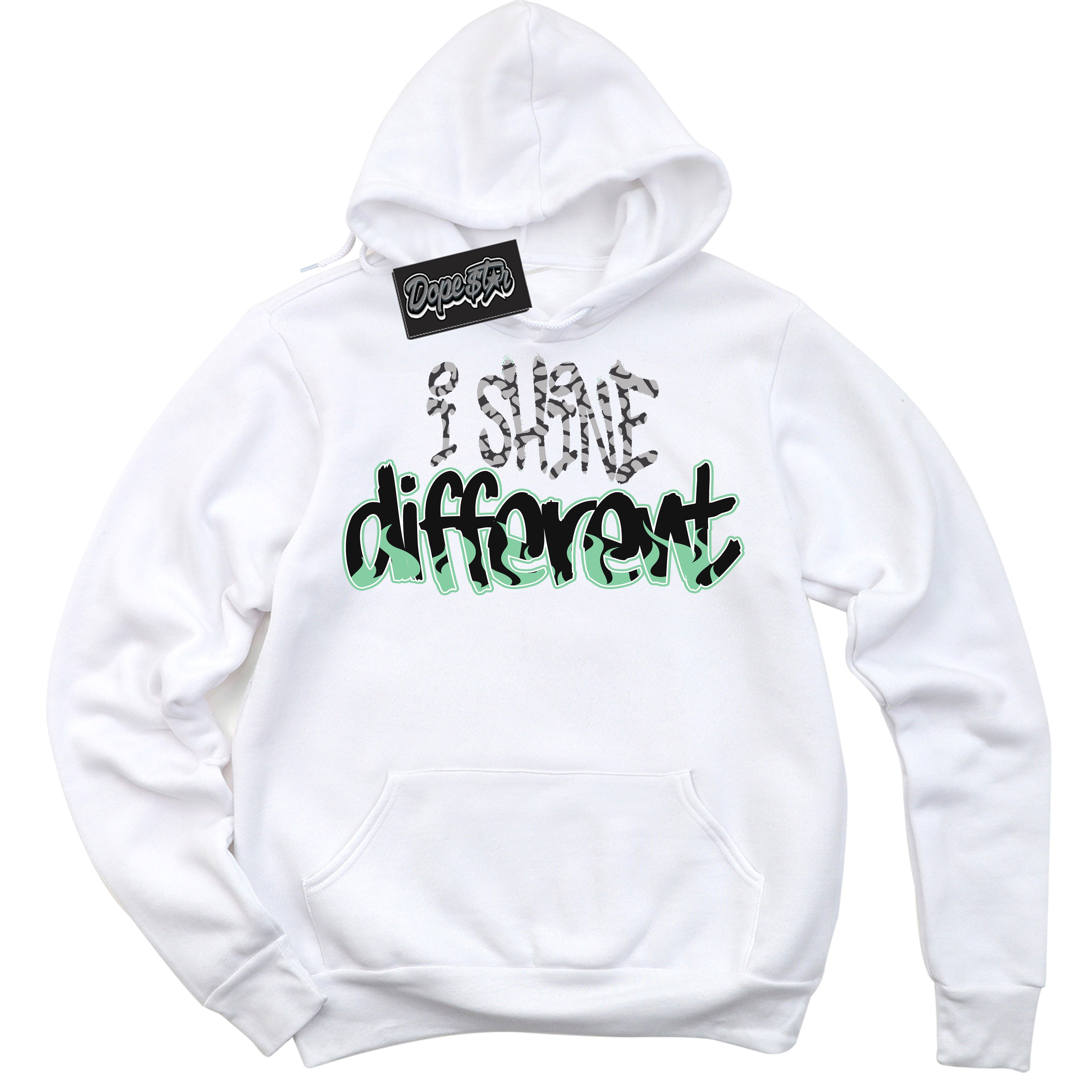 Cool White Graphic DopeStar Hoodie with “ I Shine Different “ print, that perfectly matches Green Glow 3s sneakers