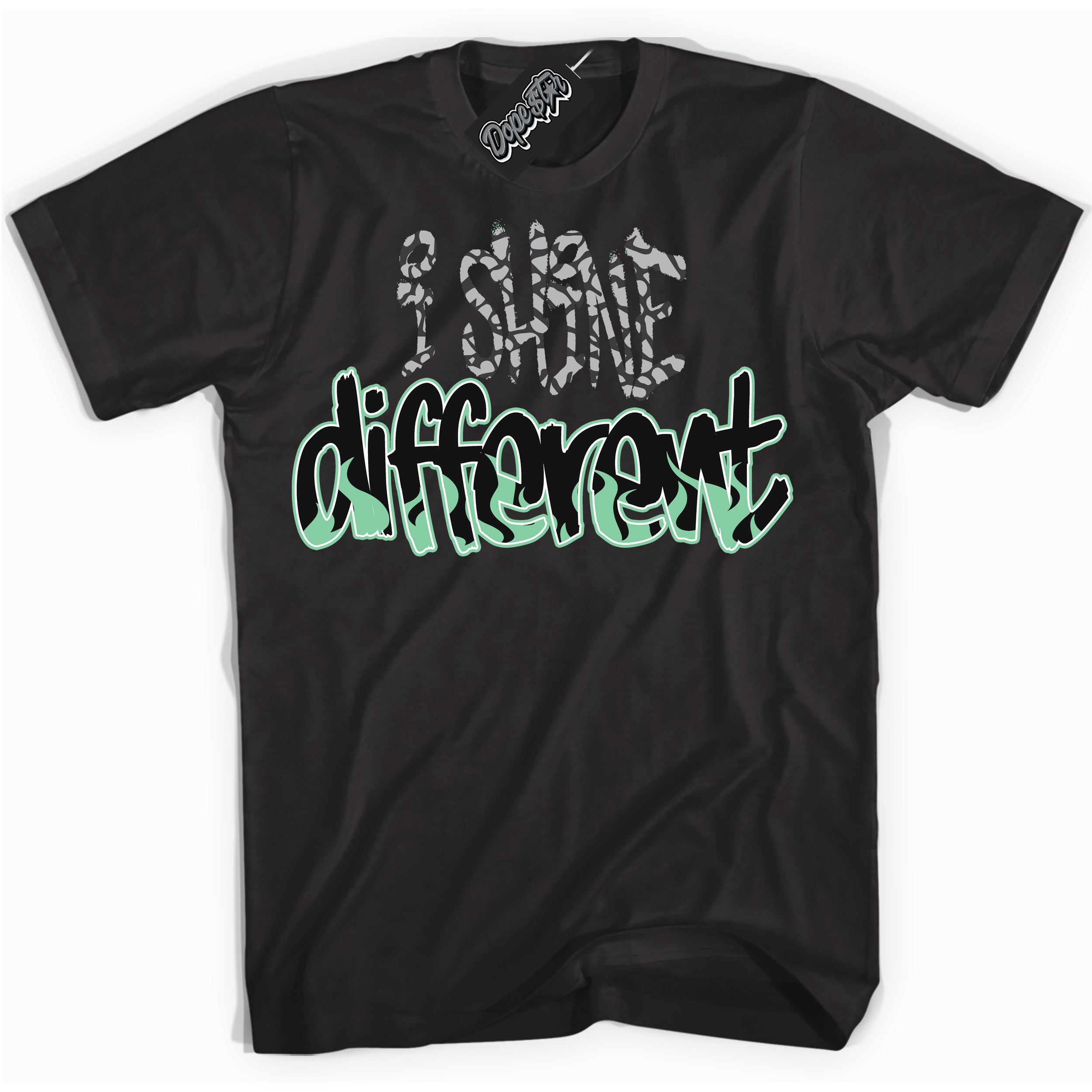 Cool Black graphic tee with “ I Shine Different ” design, that perfectly matches Green Glow 3s sneakers 