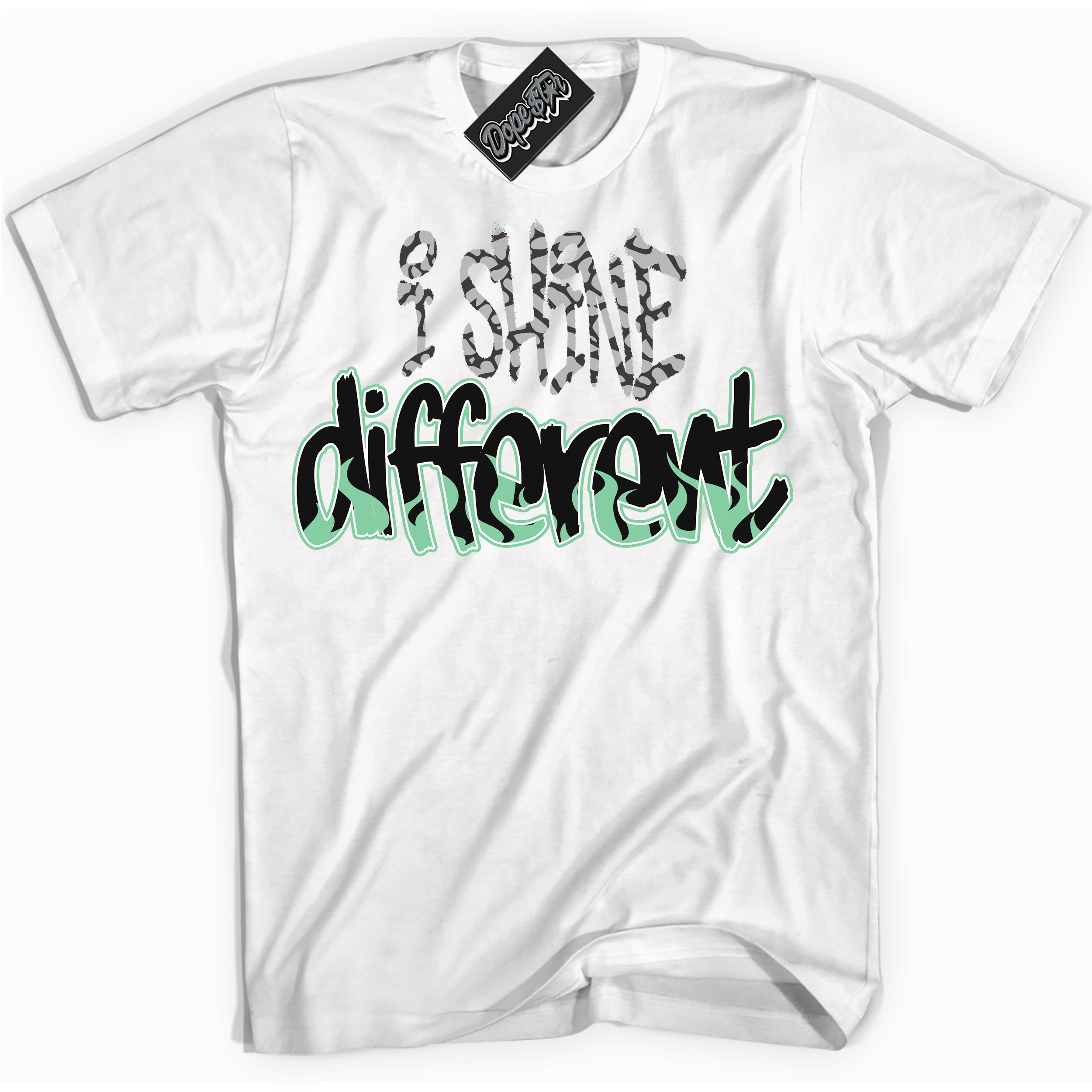 Cool White graphic tee with “ I Shine Different ” design, that perfectly matches Green Glow 3s sneakers 