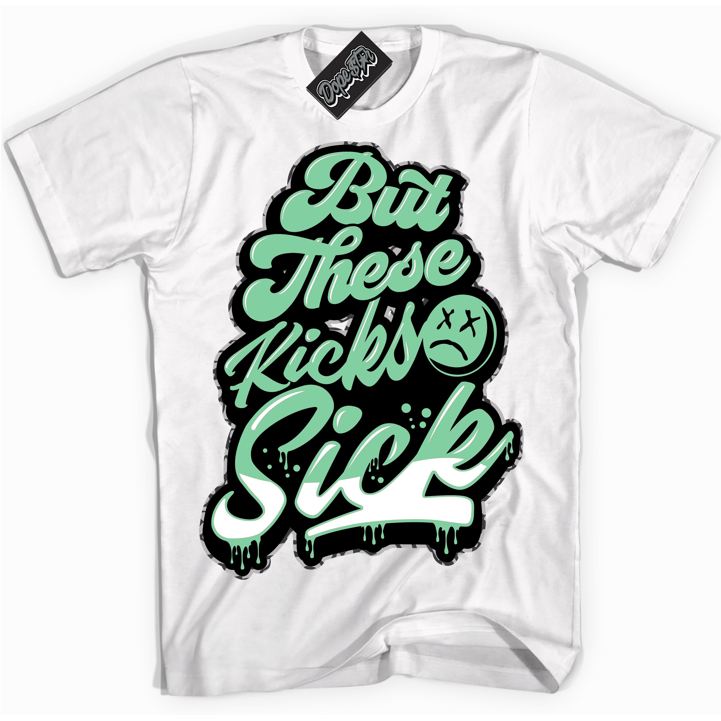 Cool White graphic tee with “ Kick Sick ” design, that perfectly matches Green Glow 3s sneakers 