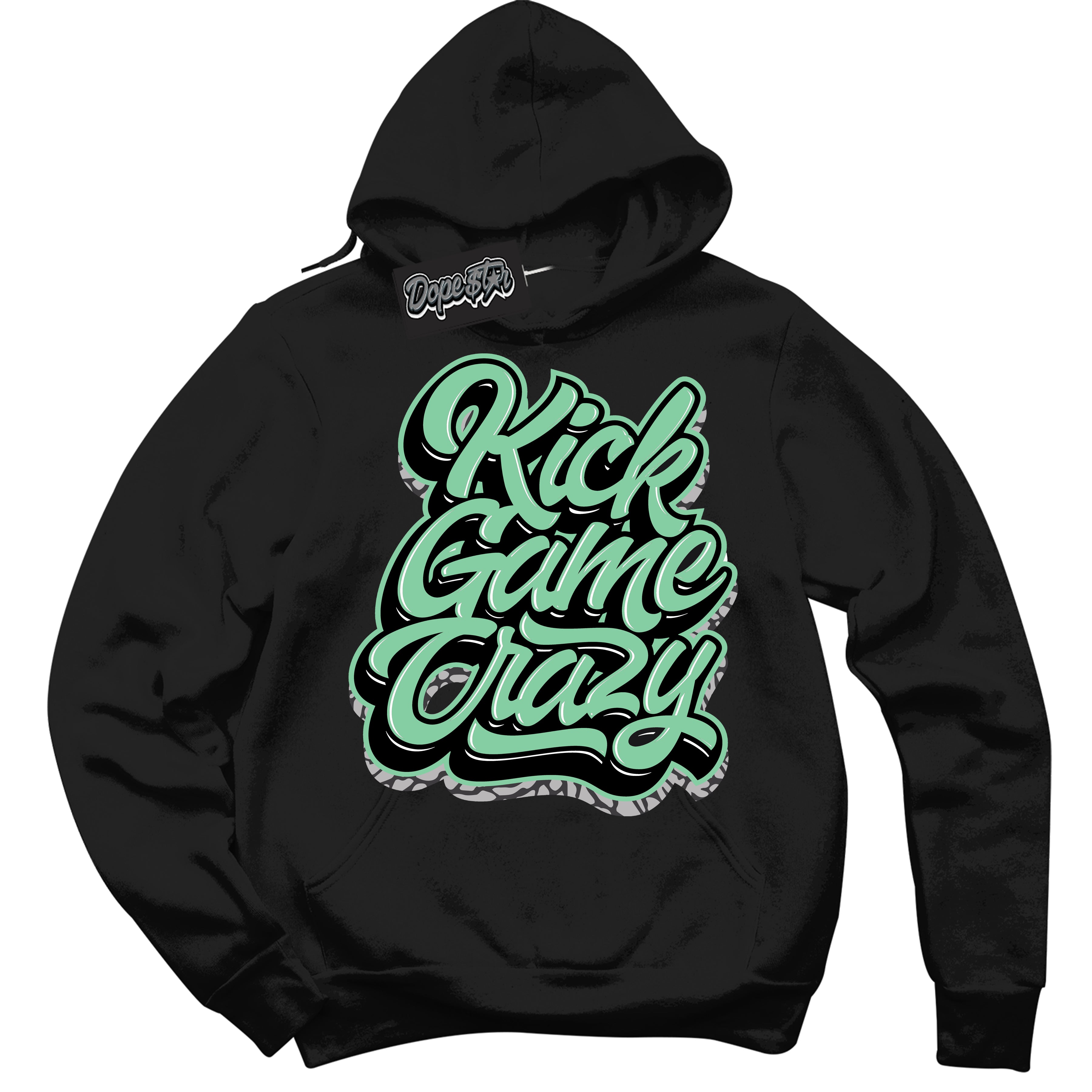 Cool Black Graphic DopeStar Hoodie with “ Kick Game Crazy “ print, that perfectly matches Green Glow 3S sneakers