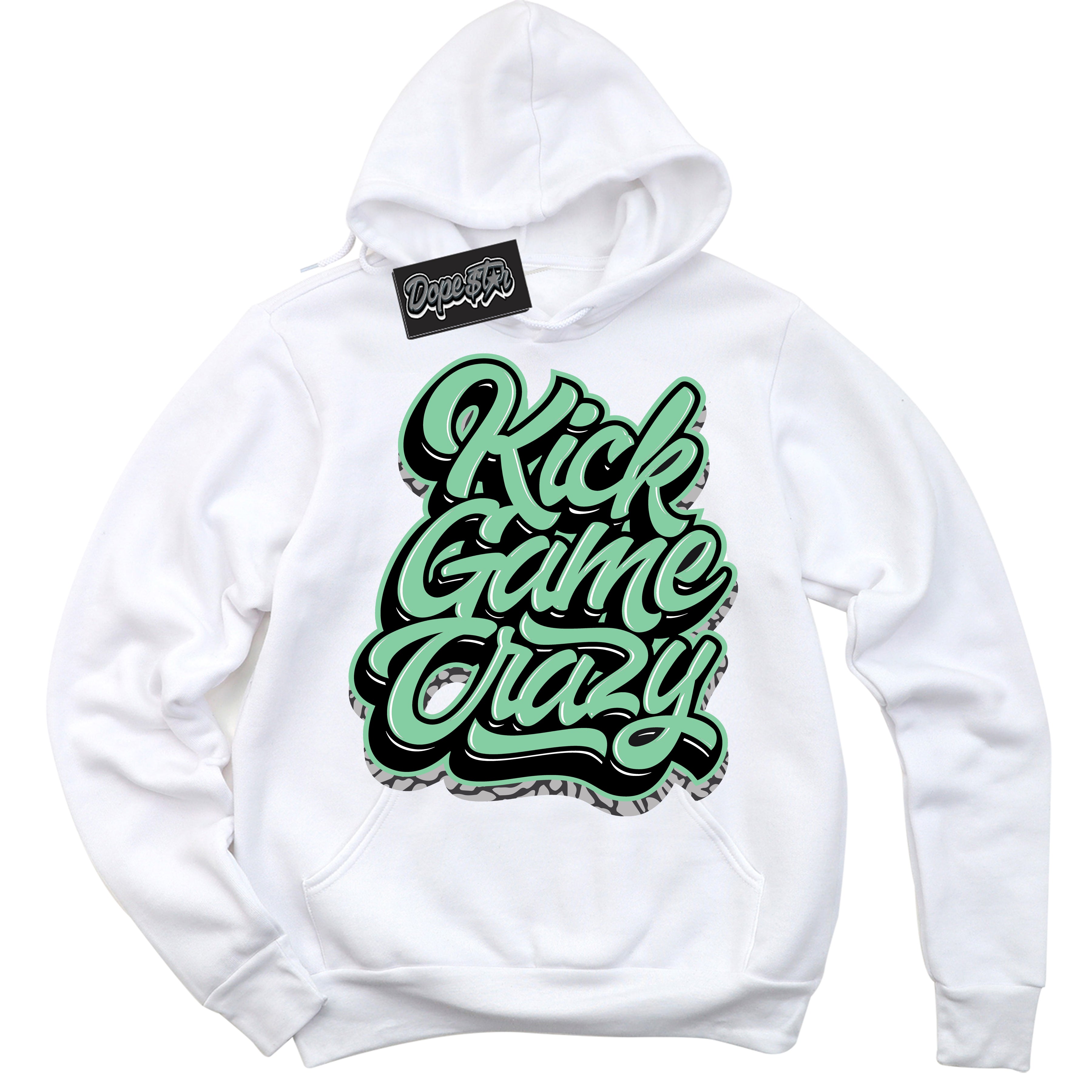 Cool White Graphic DopeStar Hoodie with “ Kick Game Crazy “ print, that perfectly matches Green Glow 3s sneakers