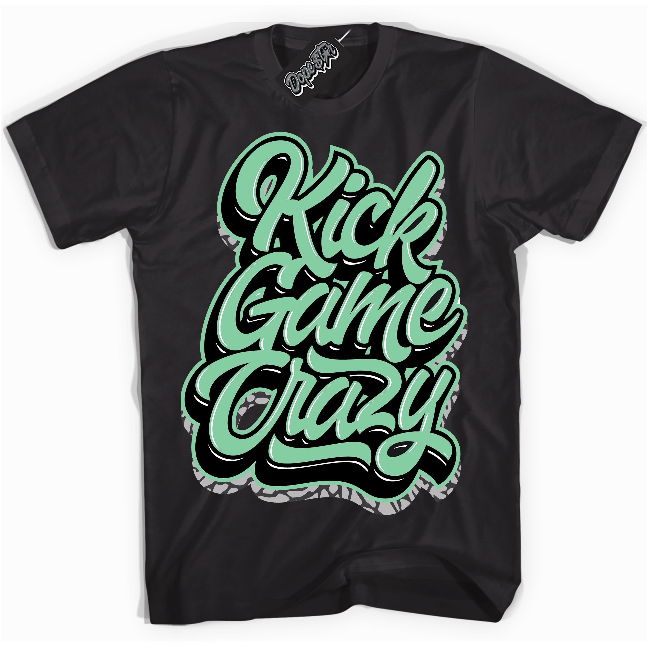 Cool Black graphic tee with “ Kick Game Crazy ” design, that perfectly matches Green Glow 3s sneakers 