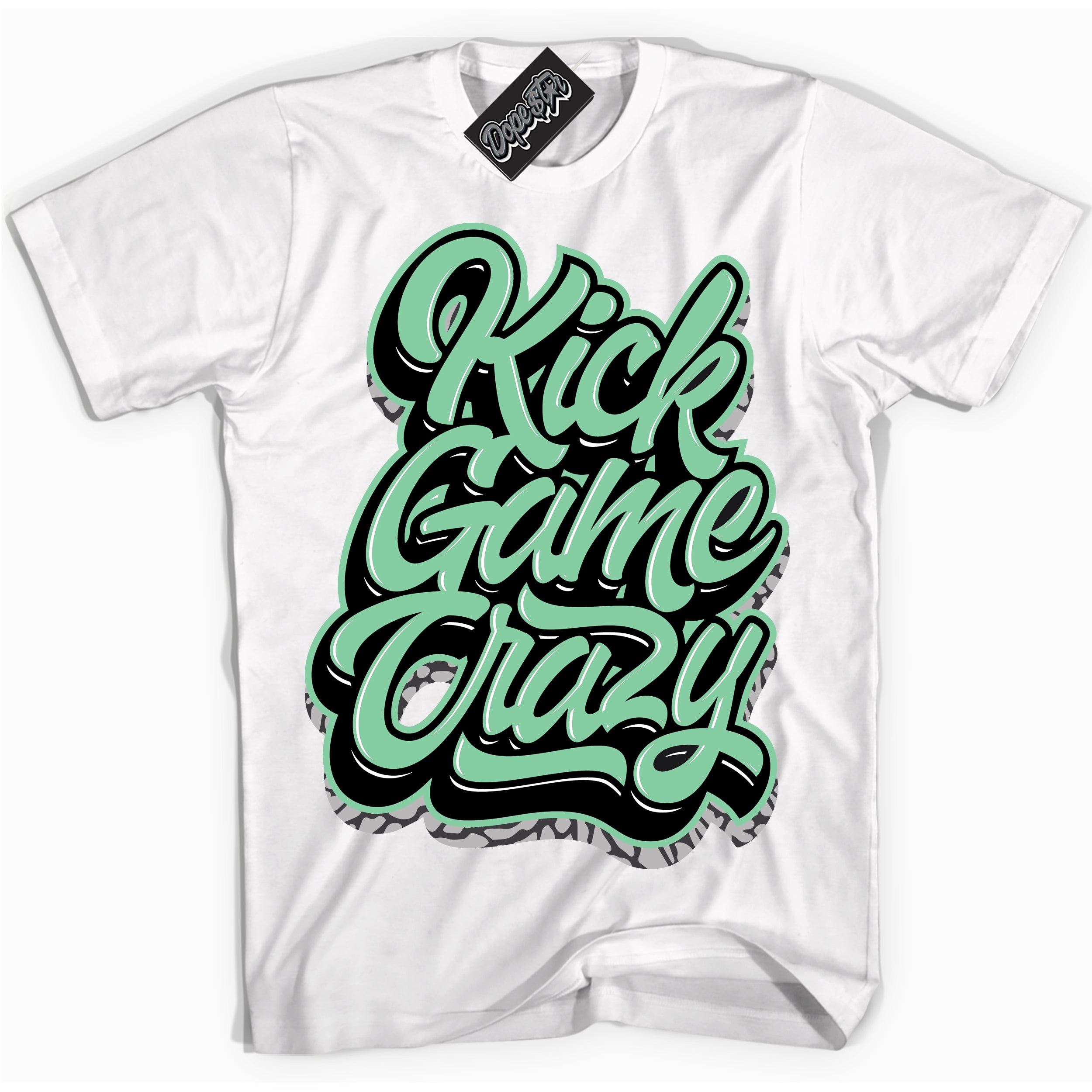 Cool White graphic tee with “ Kick Game Crazy ” design, that perfectly matches Green Glow 3s sneakers 