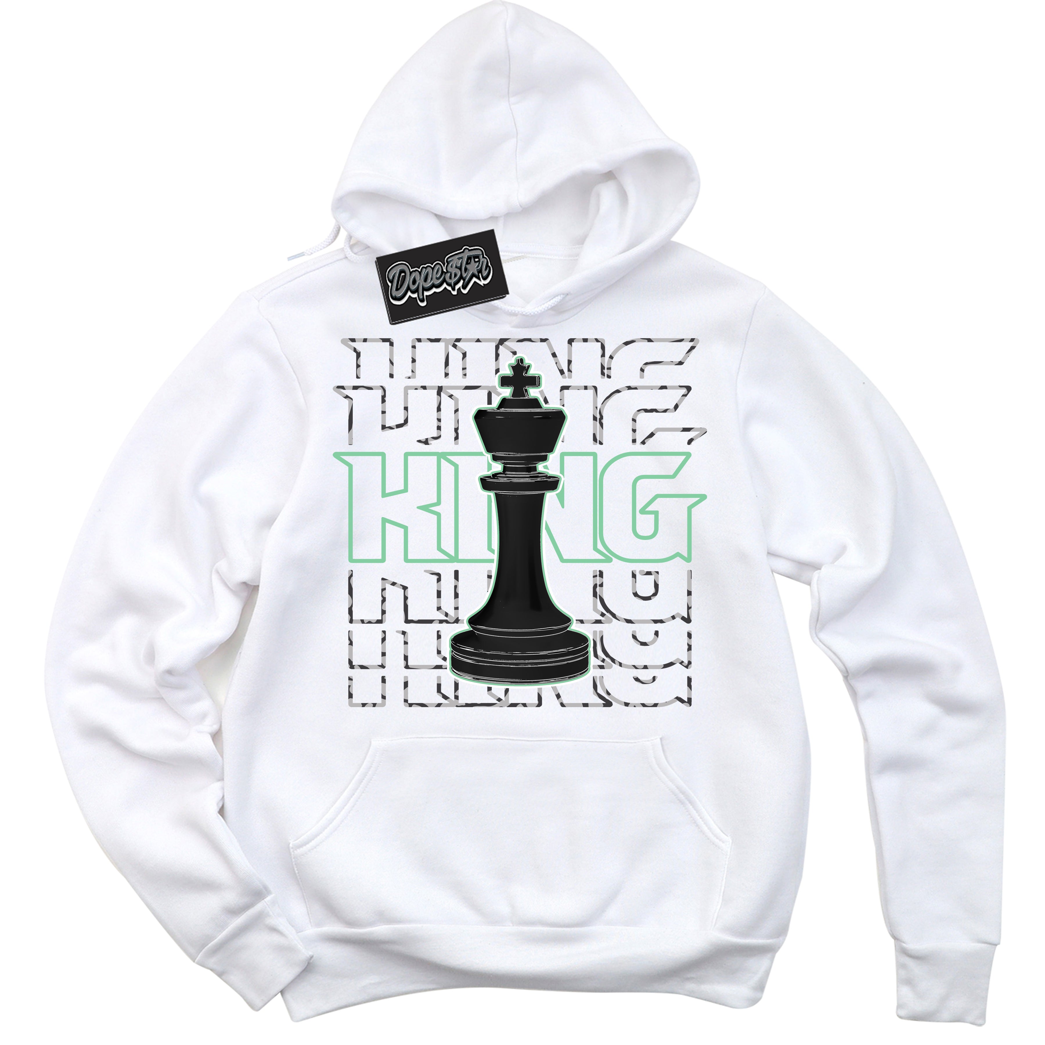 Cool White Graphic DopeStar Hoodie with “ King Chess “ print, that perfectly matches Green Glow 3s sneakers