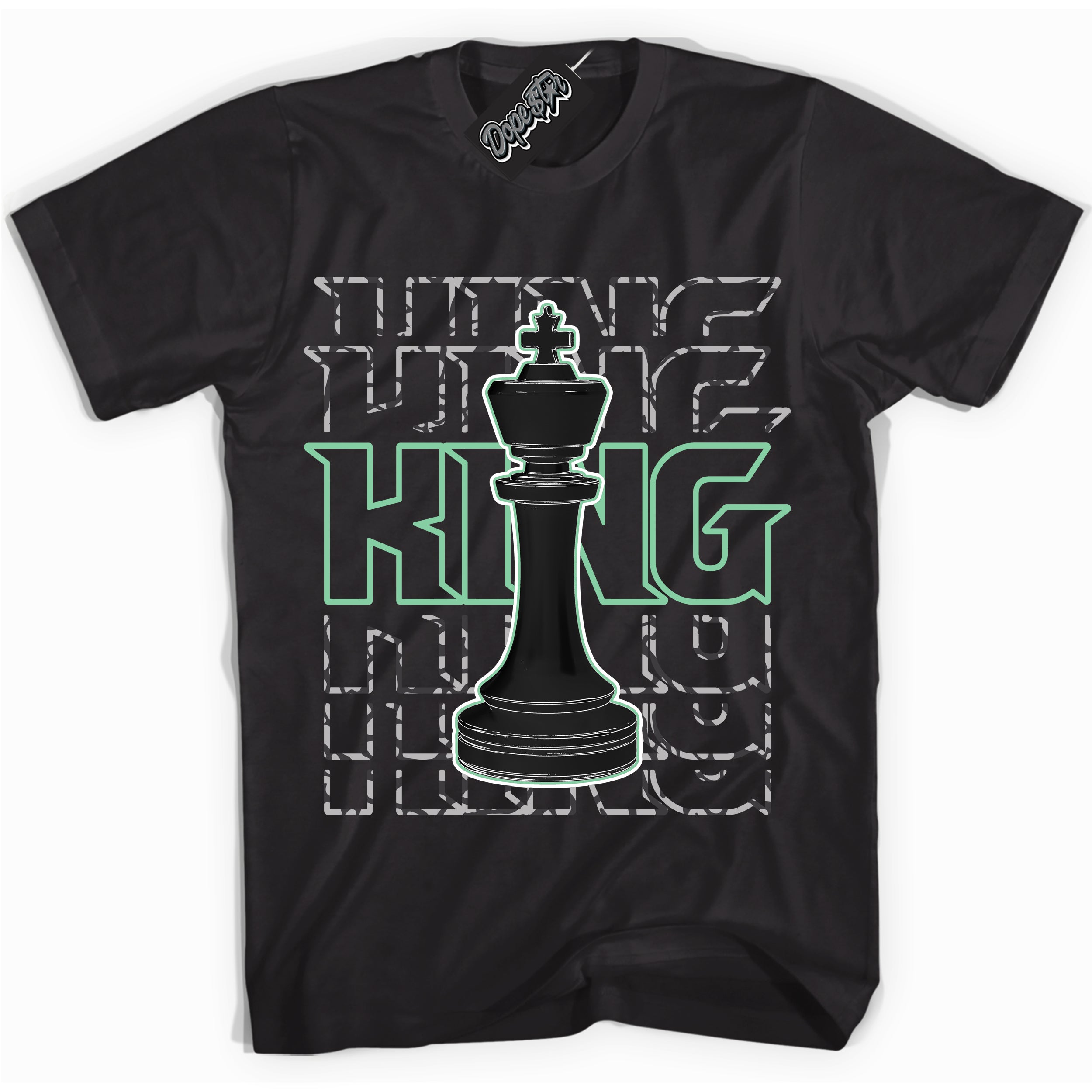 Cool Black graphic tee with “ King Chess ” design, that perfectly matches Green Glow 3s sneakers 