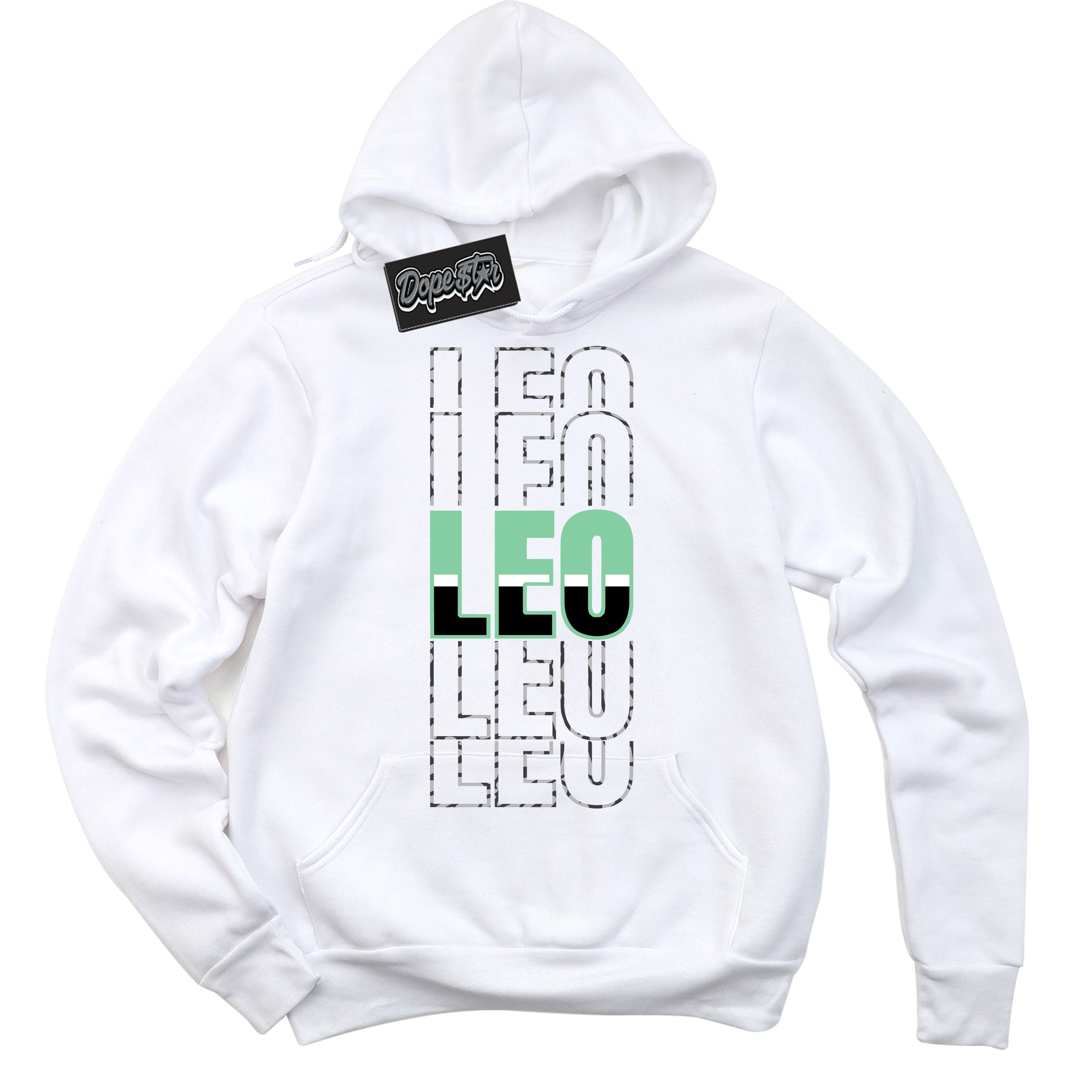 Cool White Graphic DopeStar Hoodie with “ Leo “ print, that perfectly matches Green Glow 3s sneakers