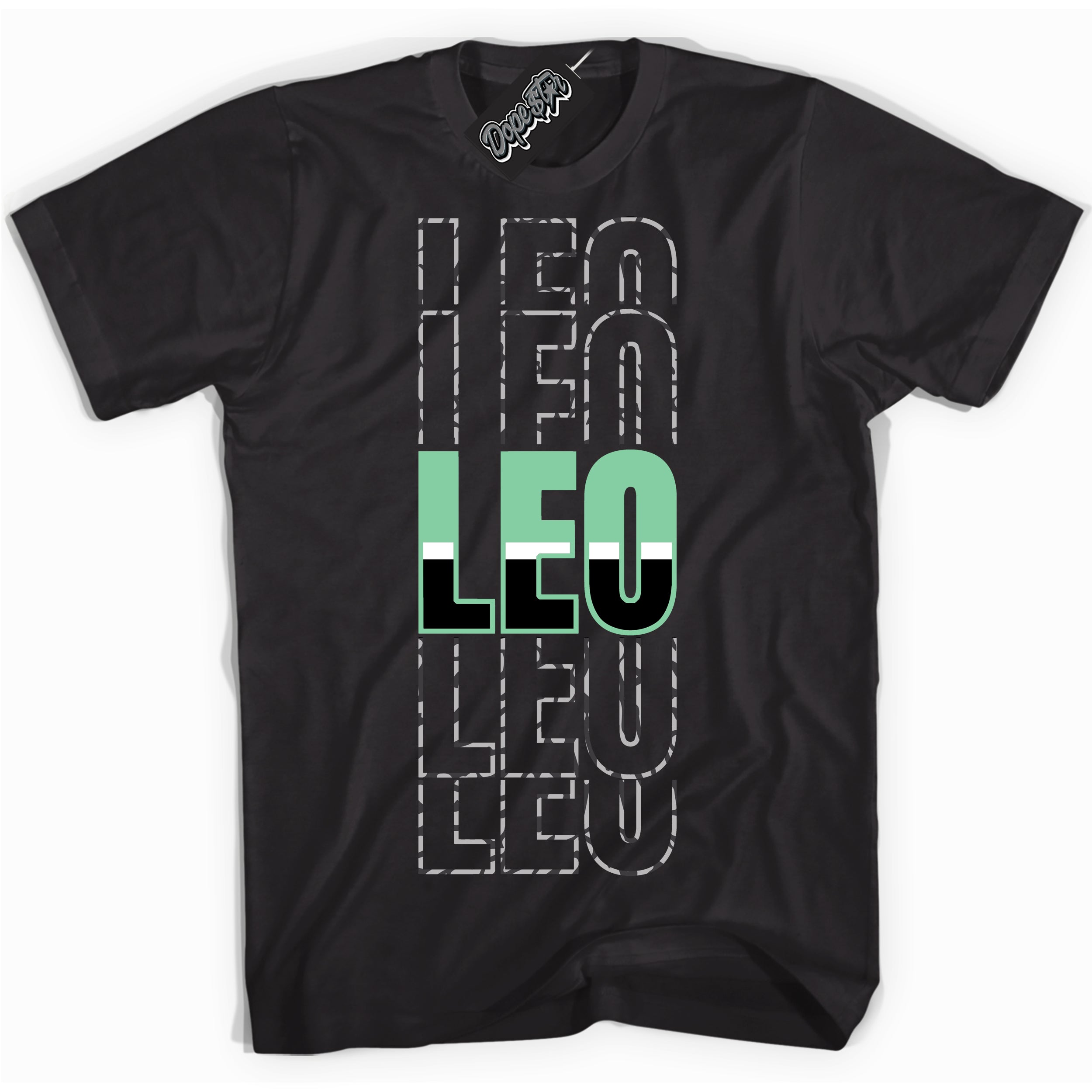 Cool Black graphic tee with “ Leo ” design, that perfectly matches Green Glow 3s sneakers 