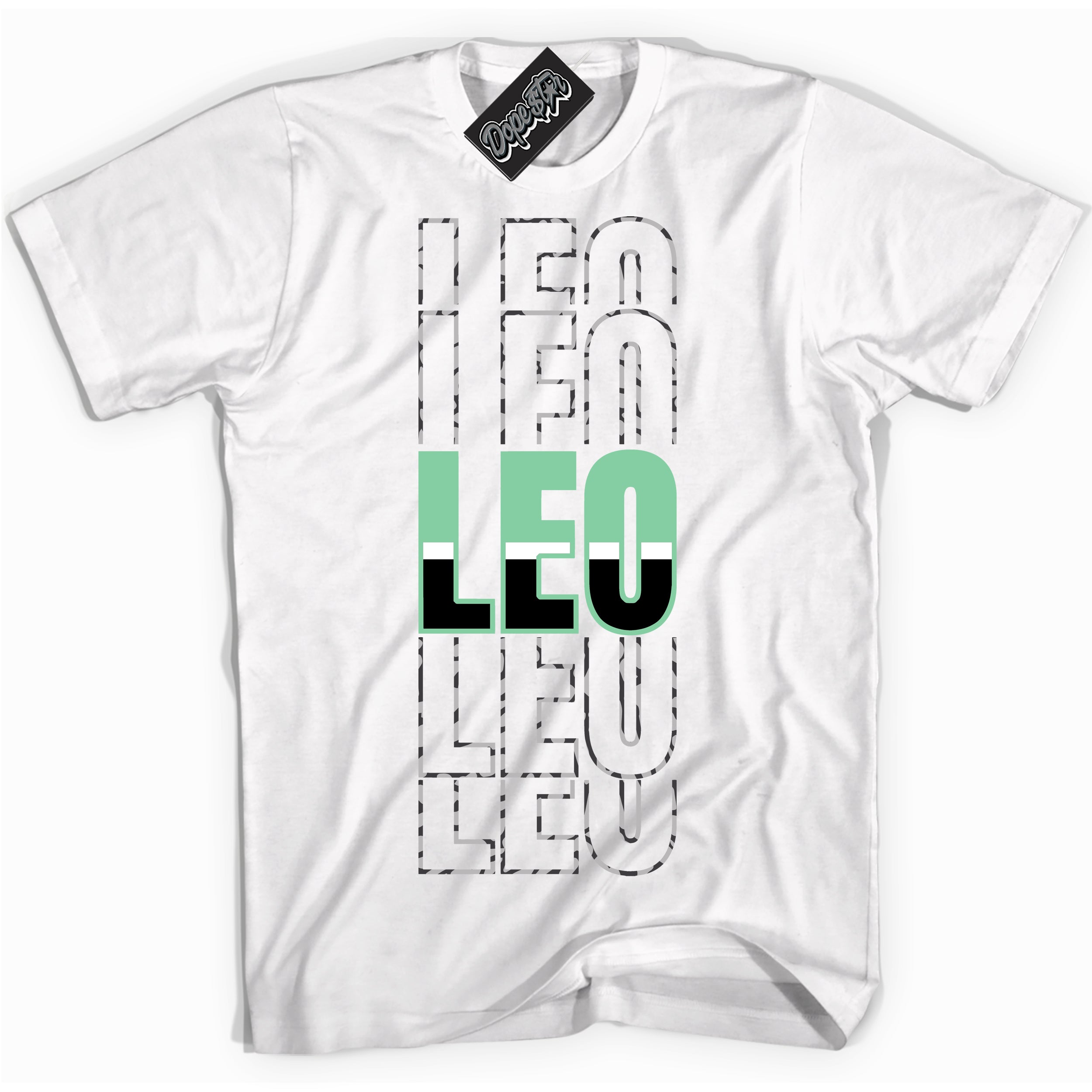 Cool White graphic tee with “ Leo ” design, that perfectly matches Green Glow 3s sneakers 
