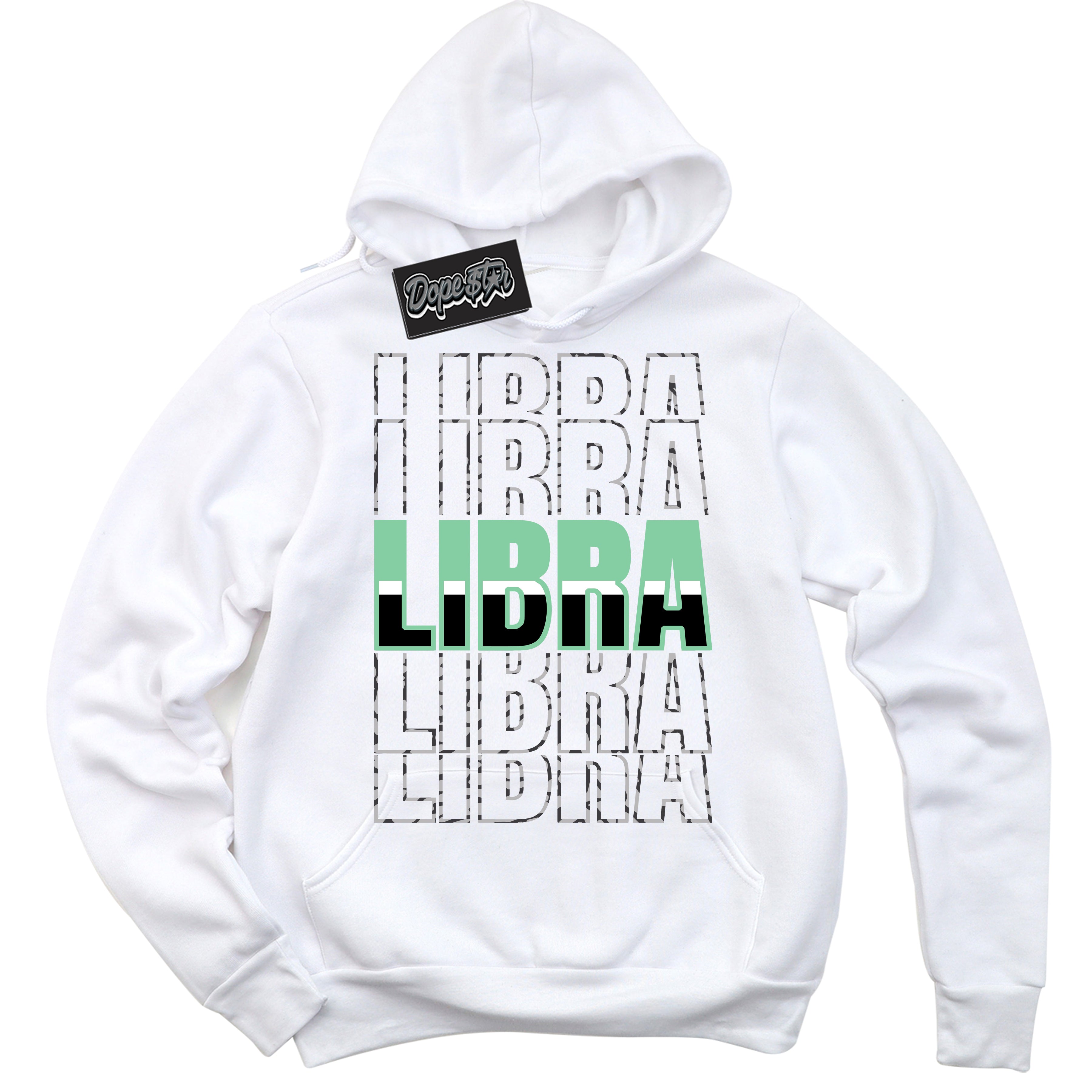 Cool White Graphic DopeStar Hoodie with “ Libra “ print, that perfectly matches Green Glow 3s sneakers
