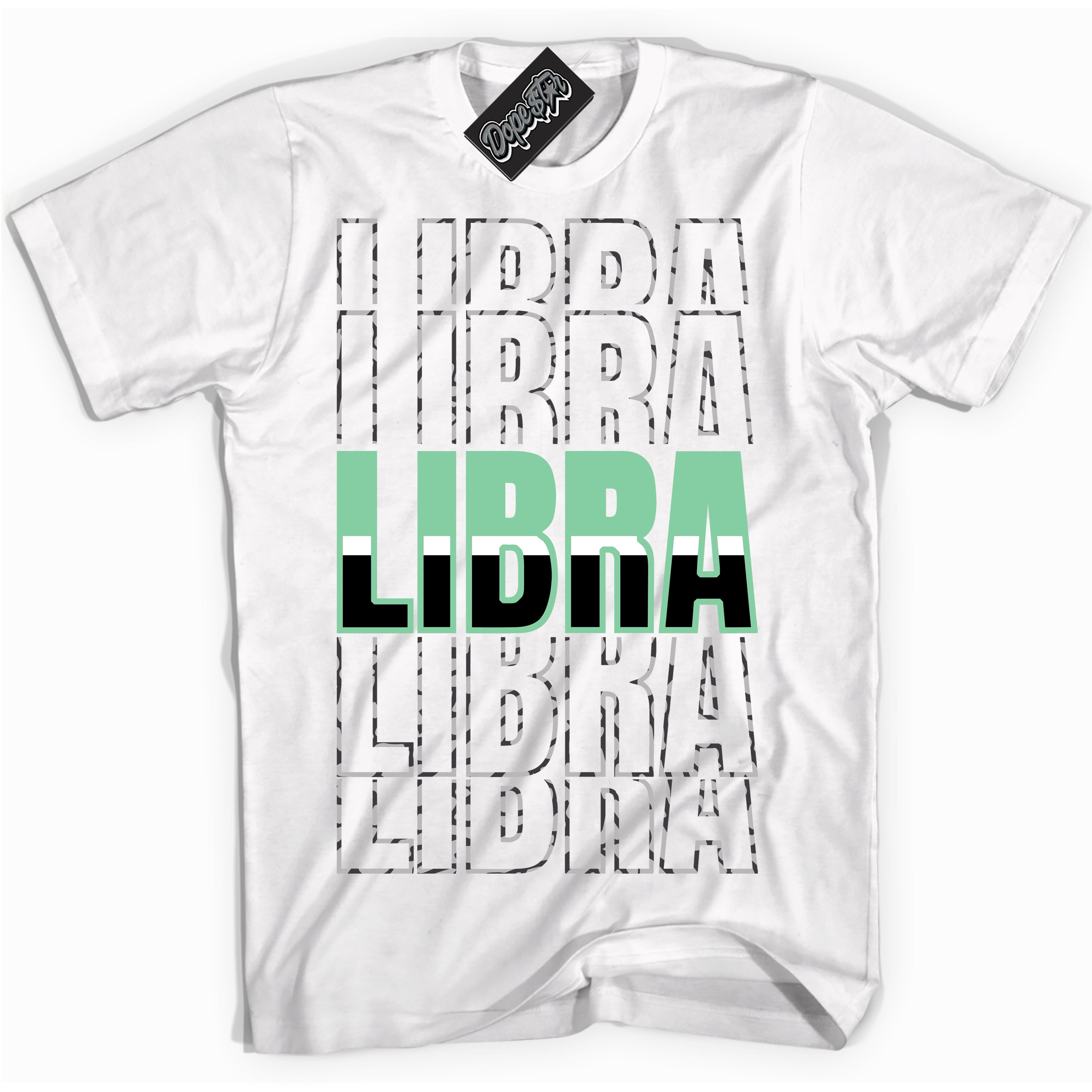 Cool White graphic tee with “ Libra ” design, that perfectly matches Green Glow 3s sneakers 