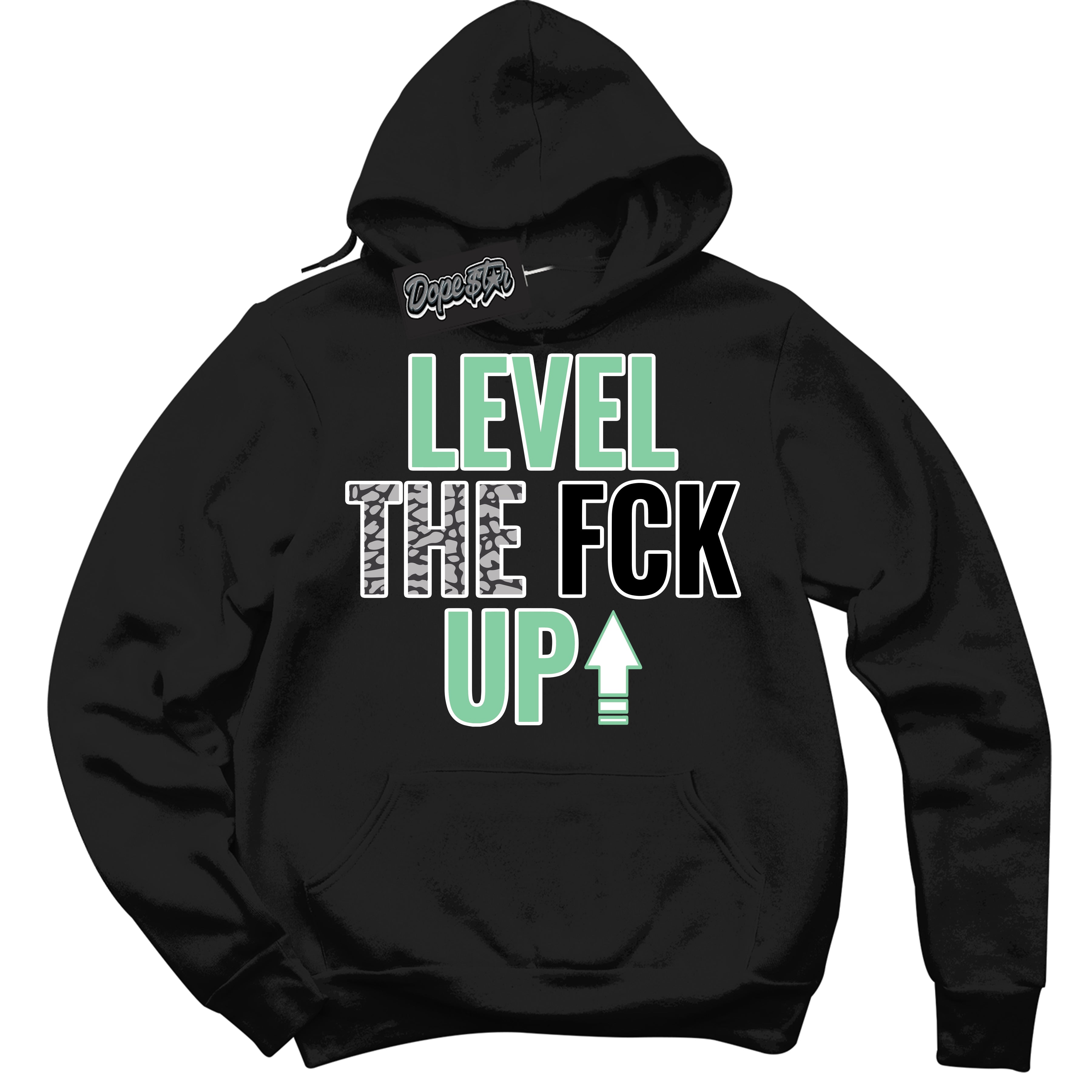 Cool Black Graphic DopeStar Hoodie with “ Level The Fck Up “ print, that perfectly matches Green Glow 3S sneakers