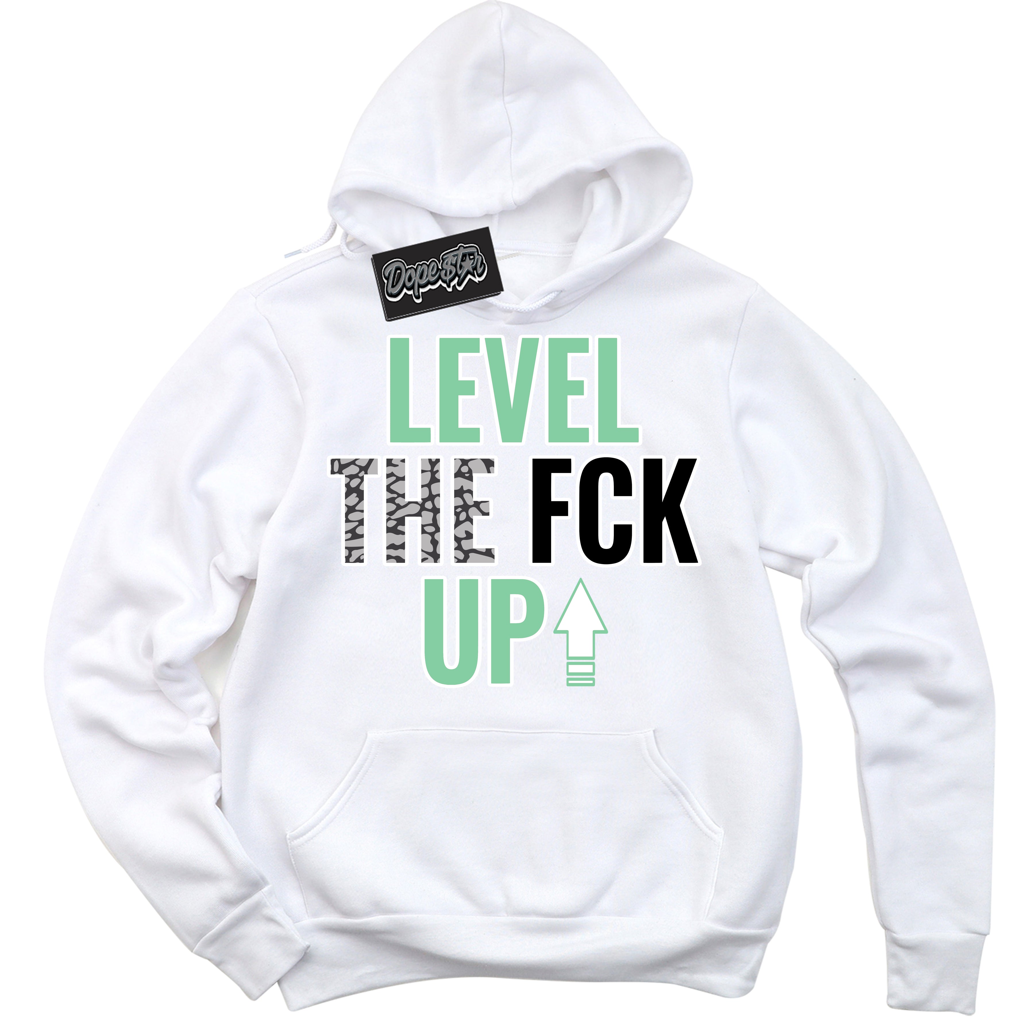 Cool White Graphic DopeStar Hoodie with “ Level The Fck Up “ print, that perfectly matches Green Glow 3s sneakers