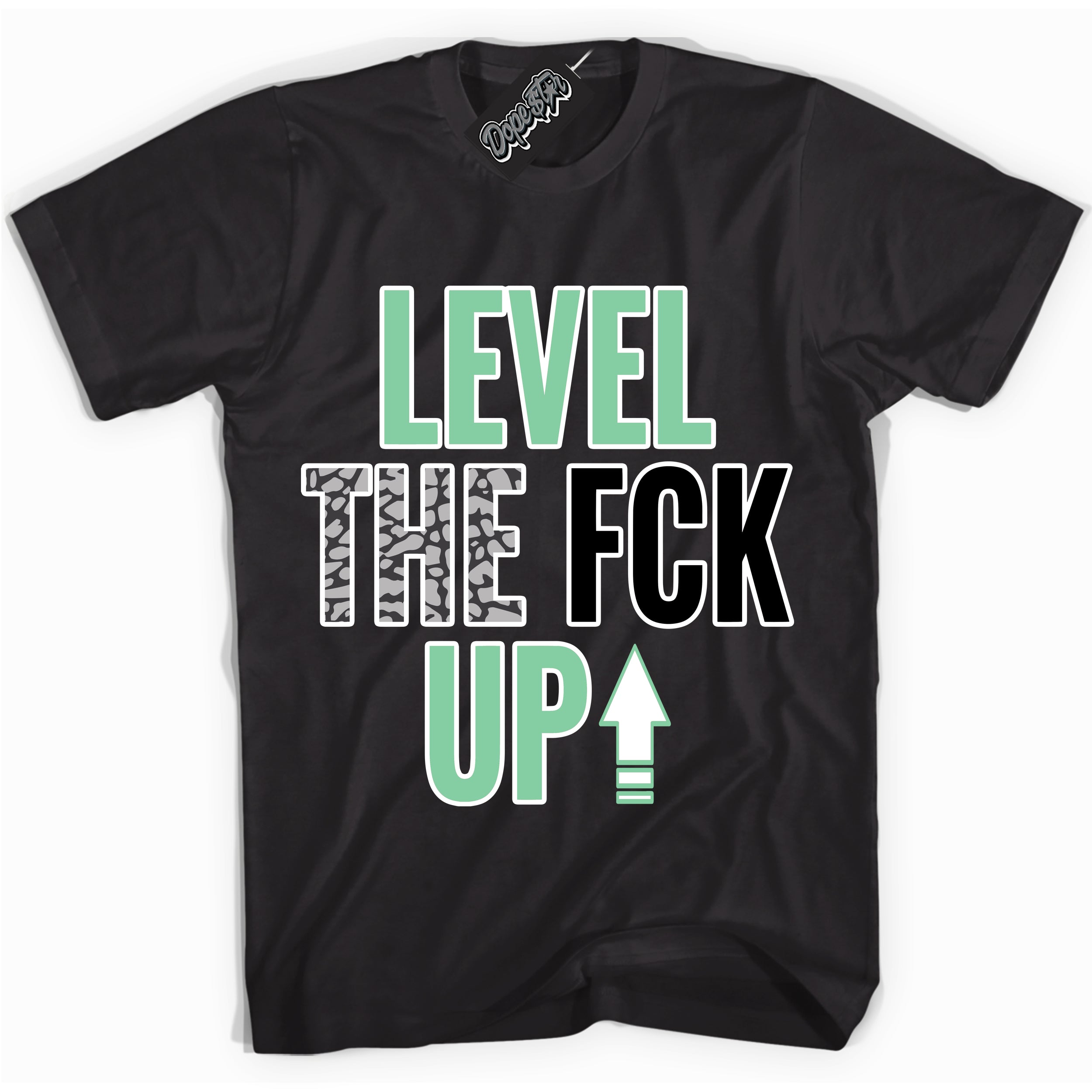 Cool Black graphic tee with “ Level The Fck Up ” design, that perfectly matches Green Glow 3s sneakers 