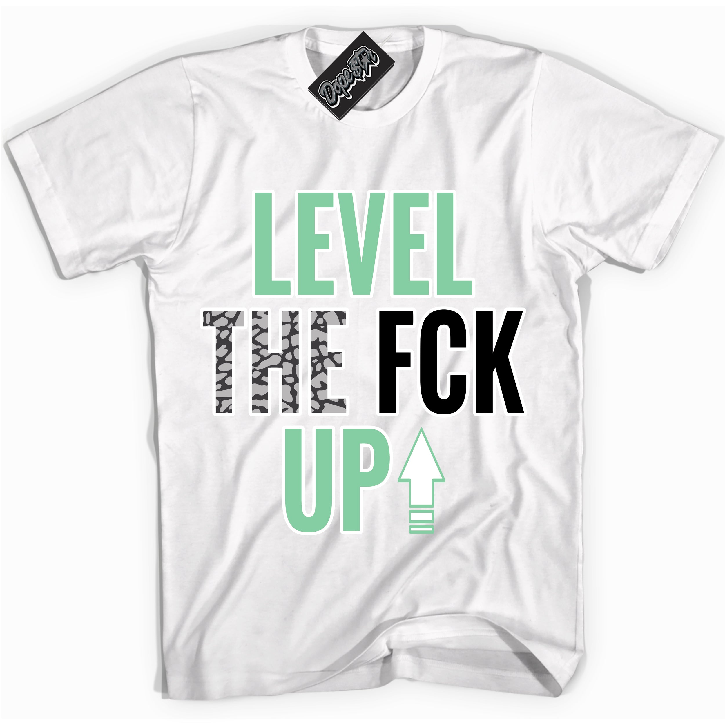 Cool White graphic tee with “ Level The Fck Up ” design, that perfectly matches Green Glow 3s sneakers 