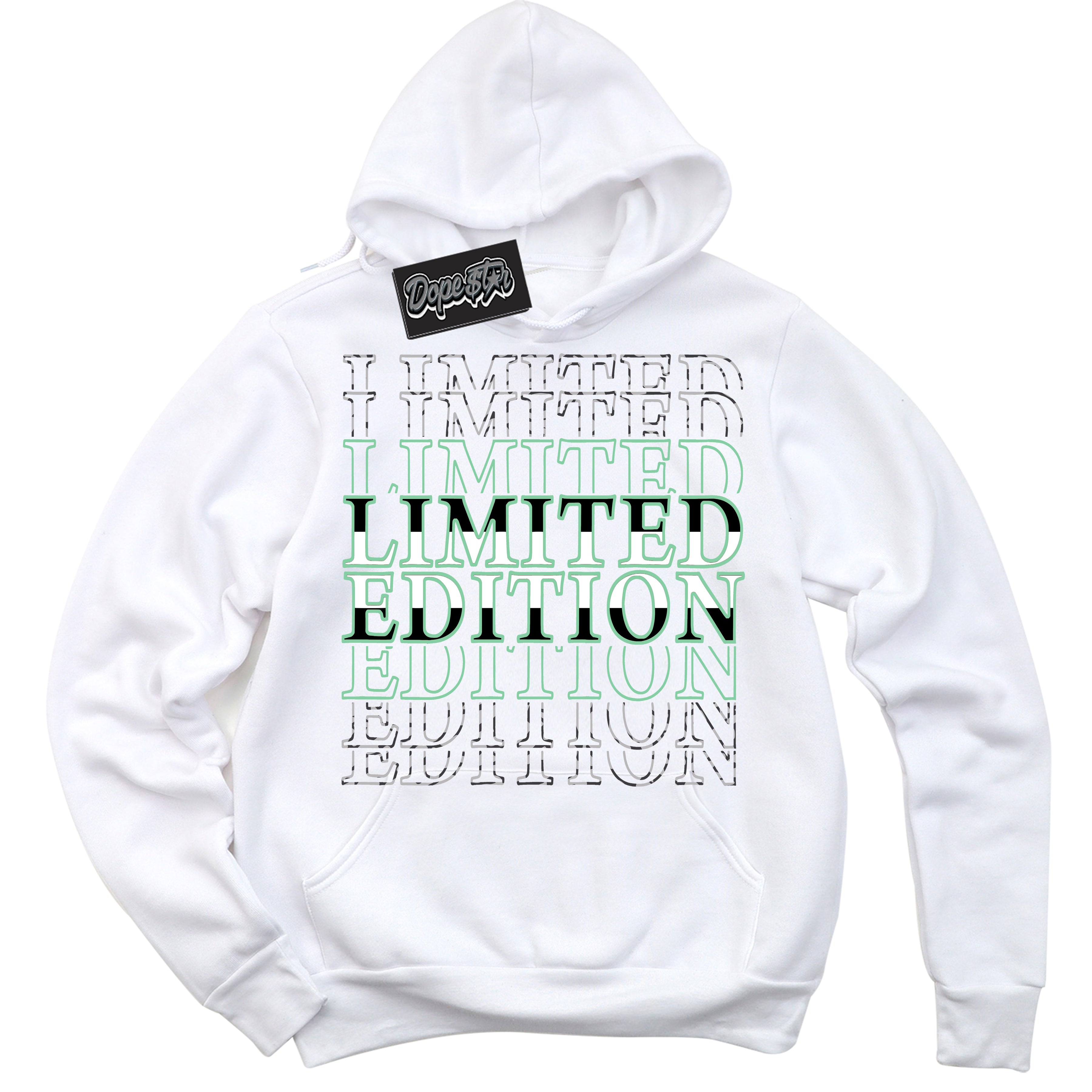 Cool White Graphic DopeStar Hoodie with “ Limited Edition “ print, that perfectly matches Green Glow 3s sneakers