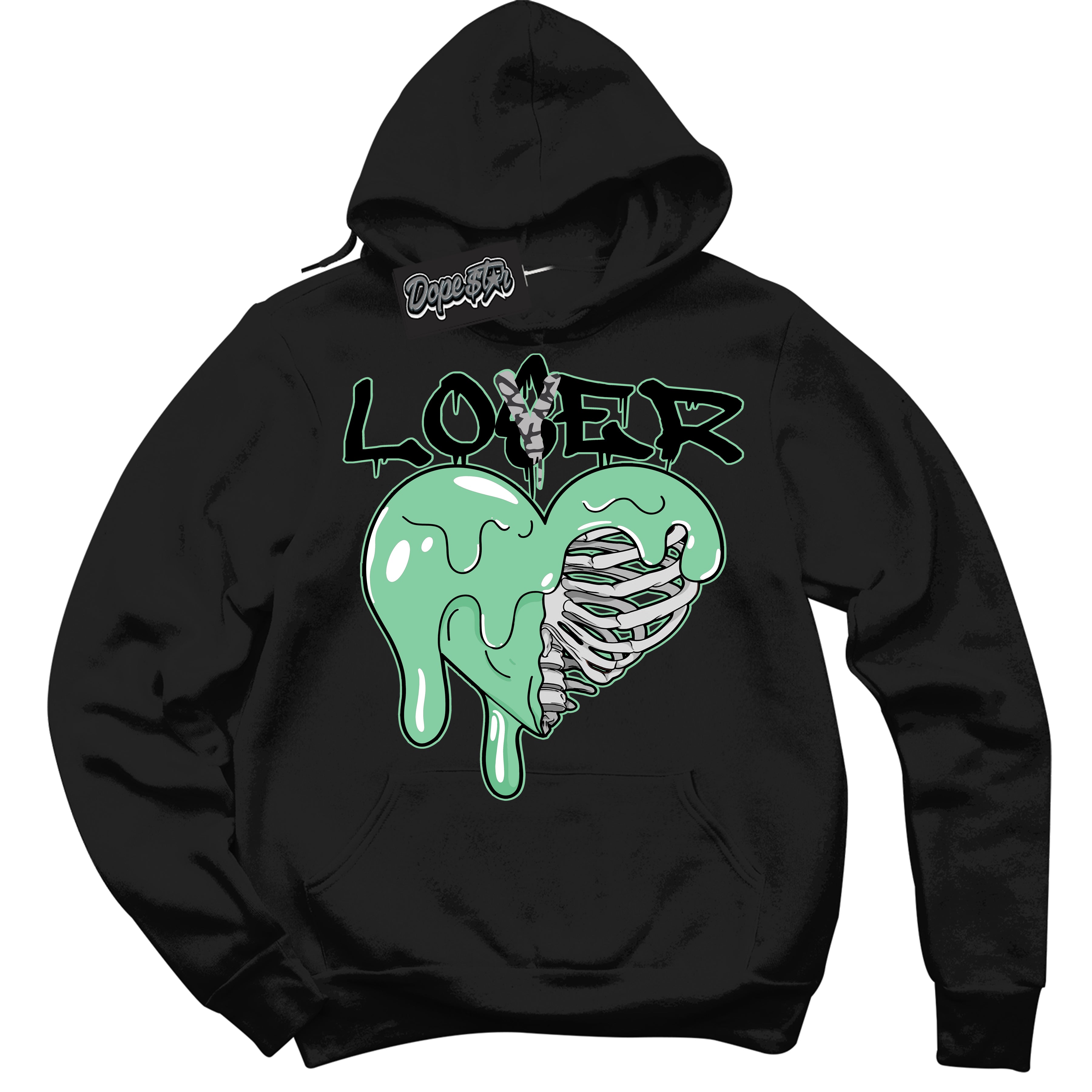Cool Black Graphic DopeStar Hoodie with “ Lover Loser Heart “ print, that perfectly matches Green Glow 3S sneakers