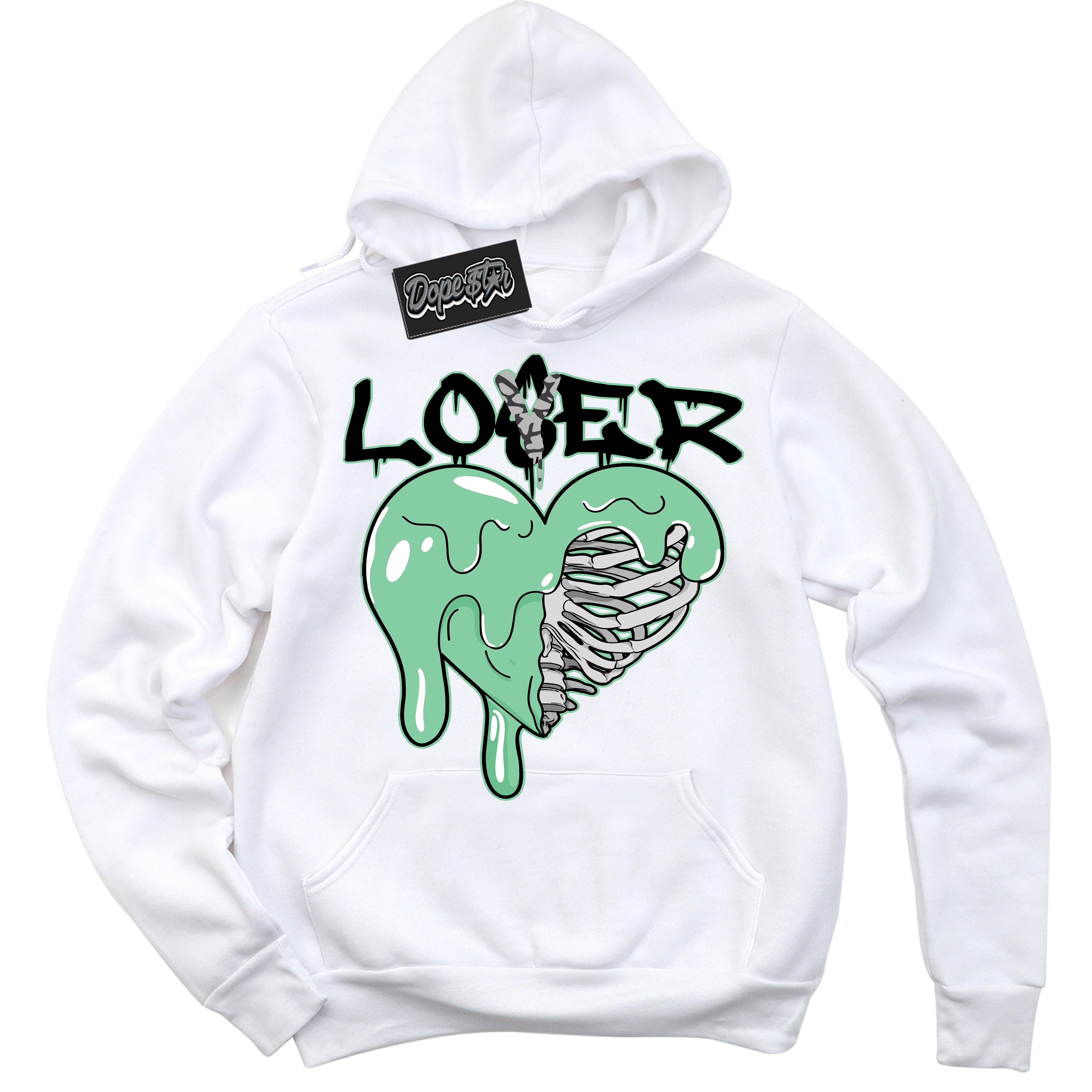 Cool White Graphic DopeStar Hoodie with “ Lover Loser Heart “ print, that perfectly matches Green Glow 3s sneakers