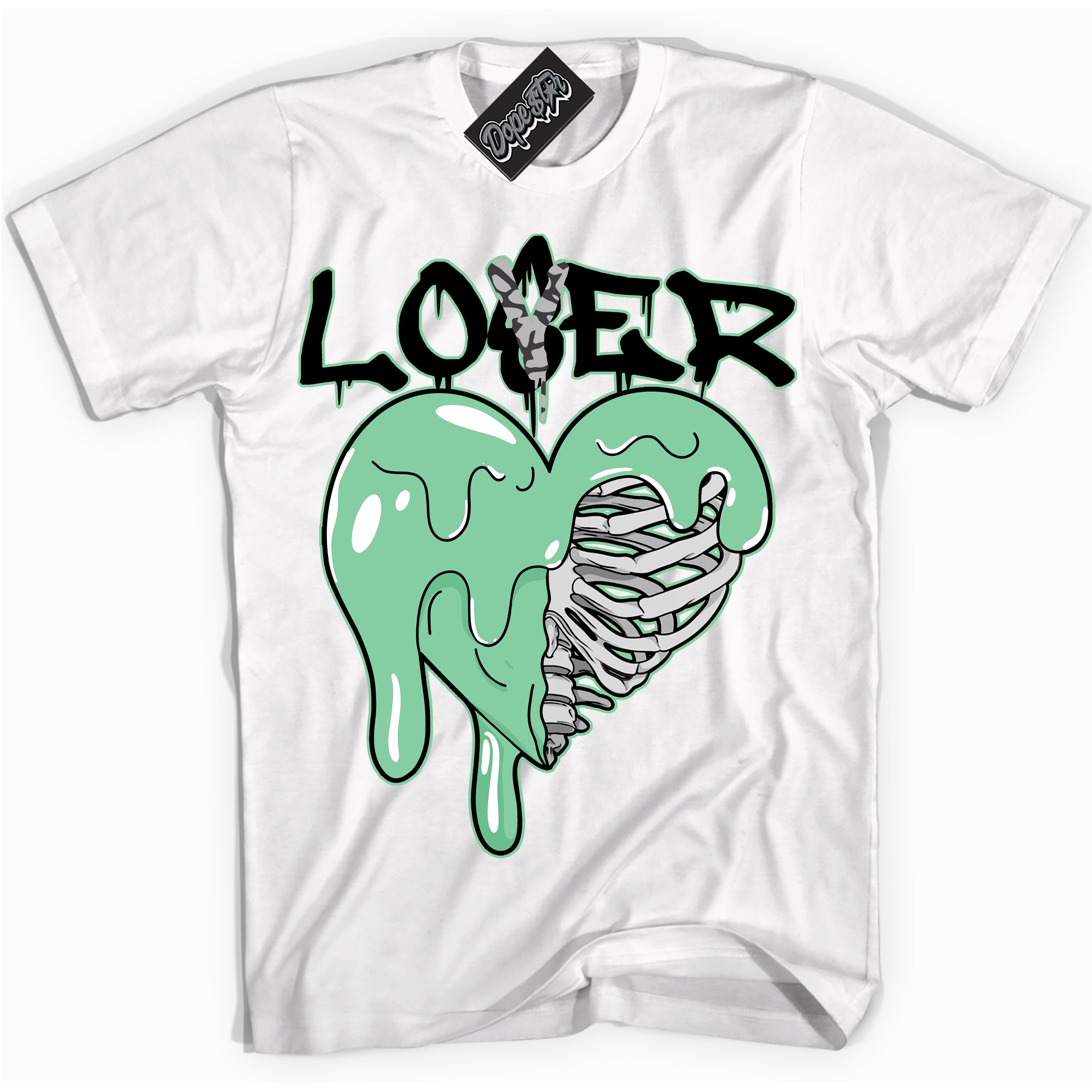 Cool White graphic tee with “ Lover Loser ” design, that perfectly matches Green Glow 3s sneakers 