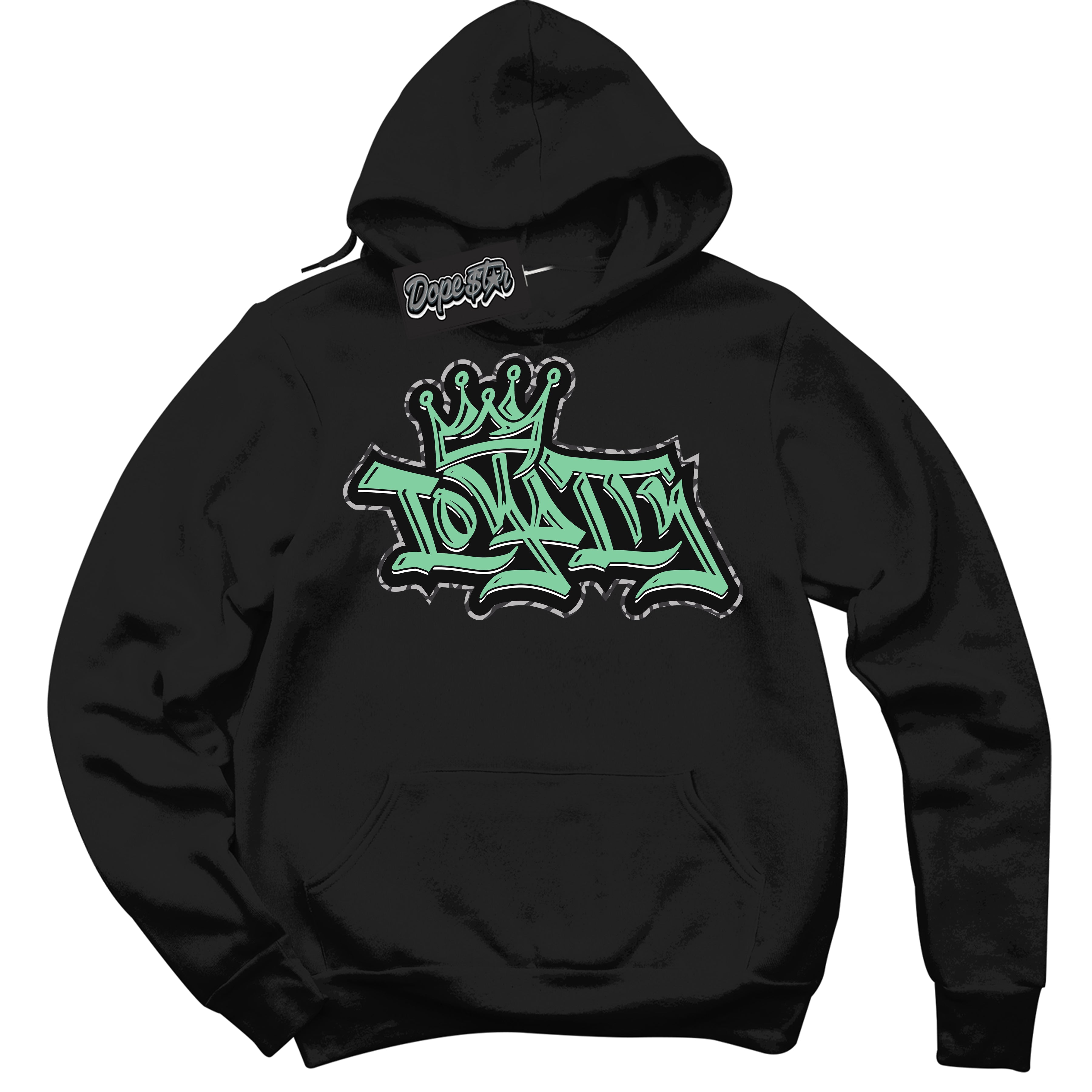 Cool Black Graphic DopeStar Hoodie with “ Loyalty Crown “ print, that perfectly matches Green Glow 3S sneakers