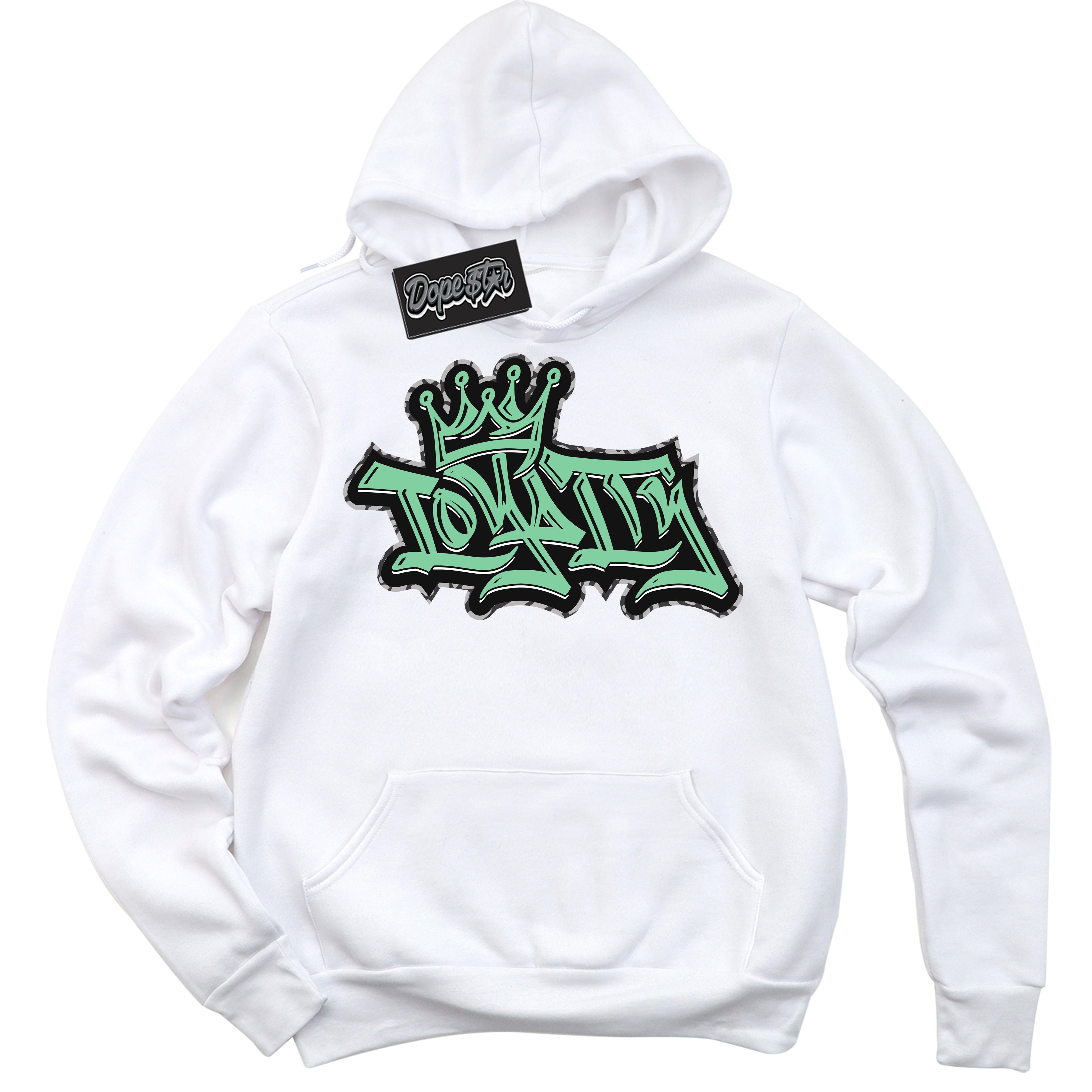 Cool White Graphic DopeStar Hoodie with “ Loyalty Crown “ print, that perfectly matches Green Glow 3s sneakers