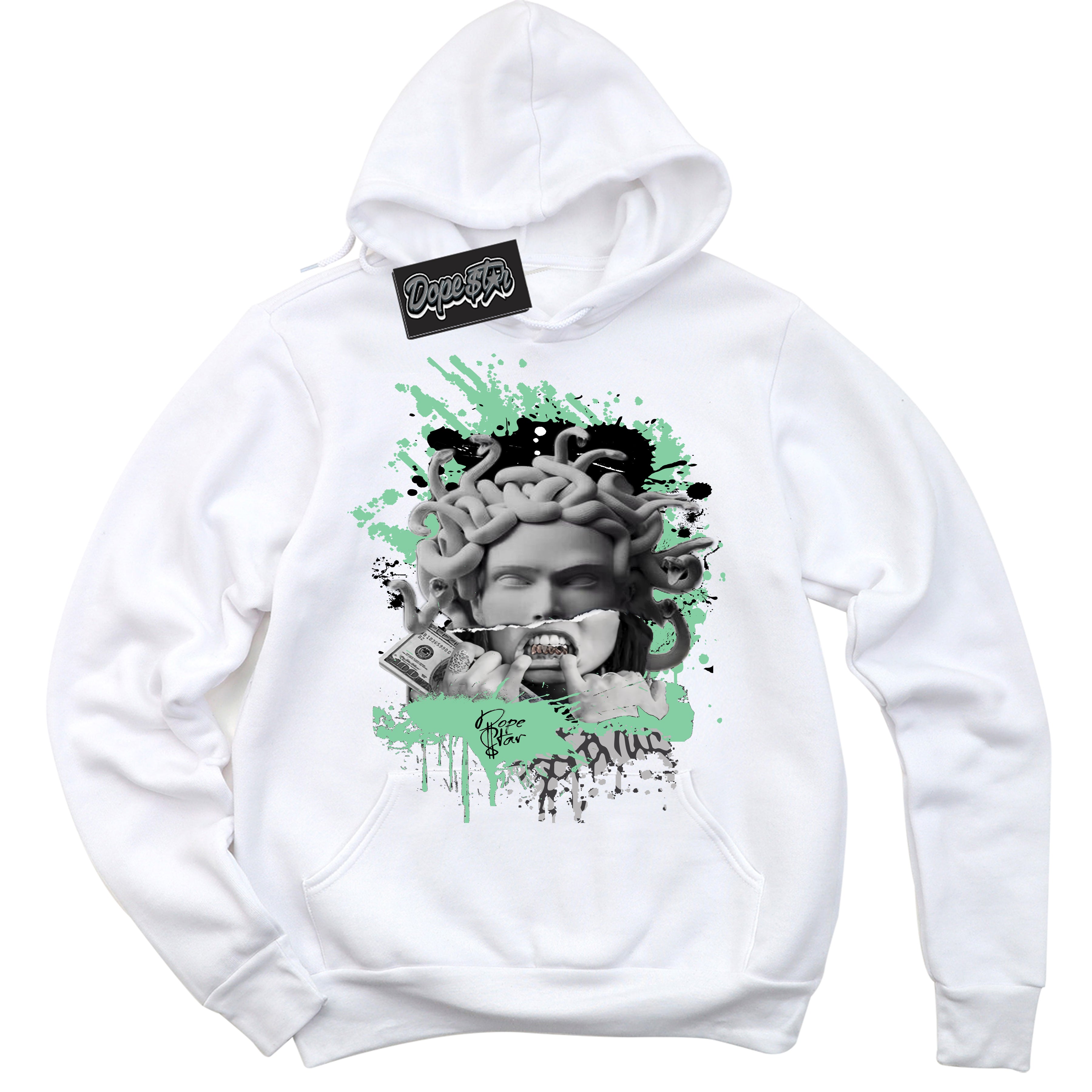 Cool White Graphic DopeStar Hoodie with “ Medusa “ print, that perfectly matches Green Glow 3s sneakers