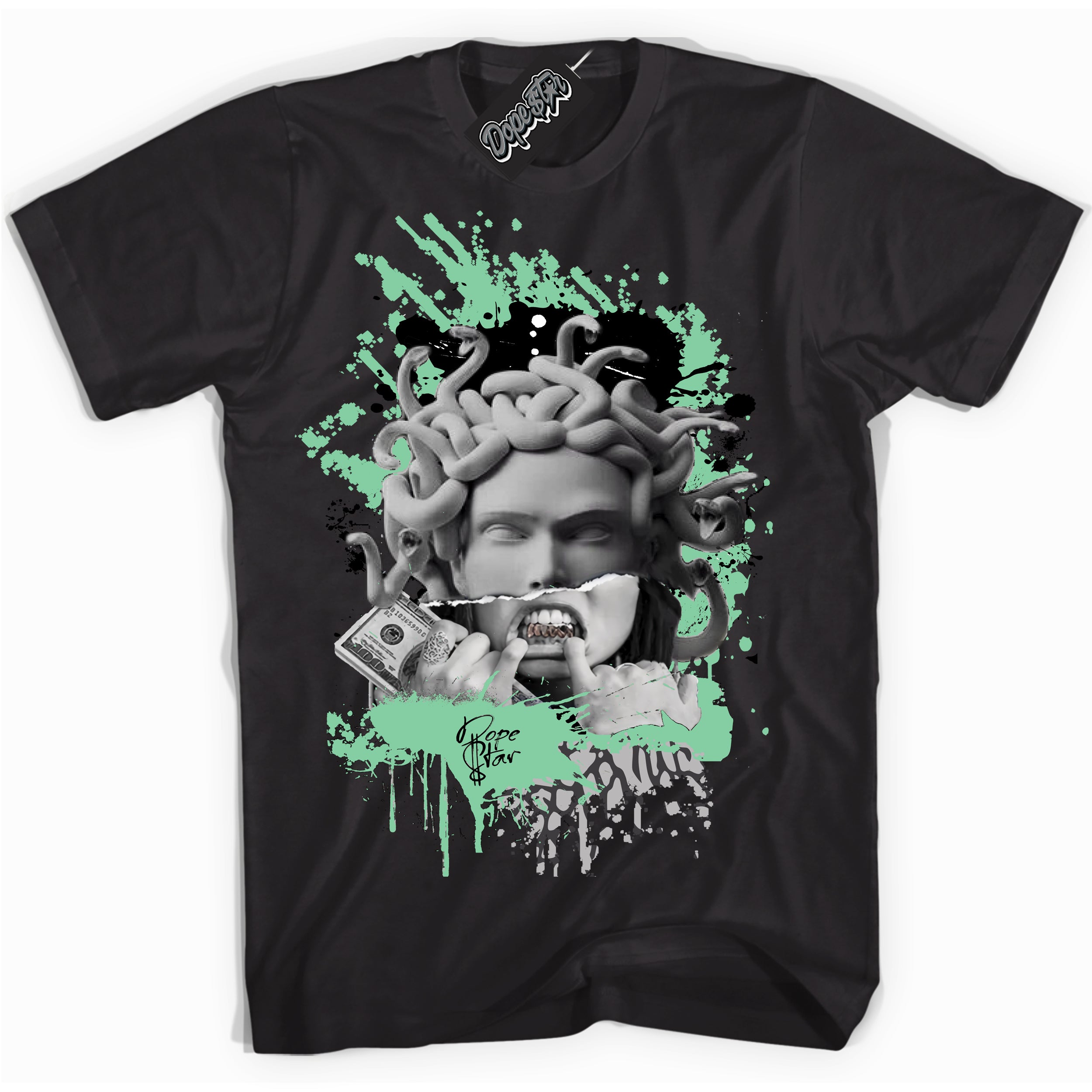 Cool Black graphic tee with “ Medusa ” design, that perfectly matches Green Glow 3s sneakers 