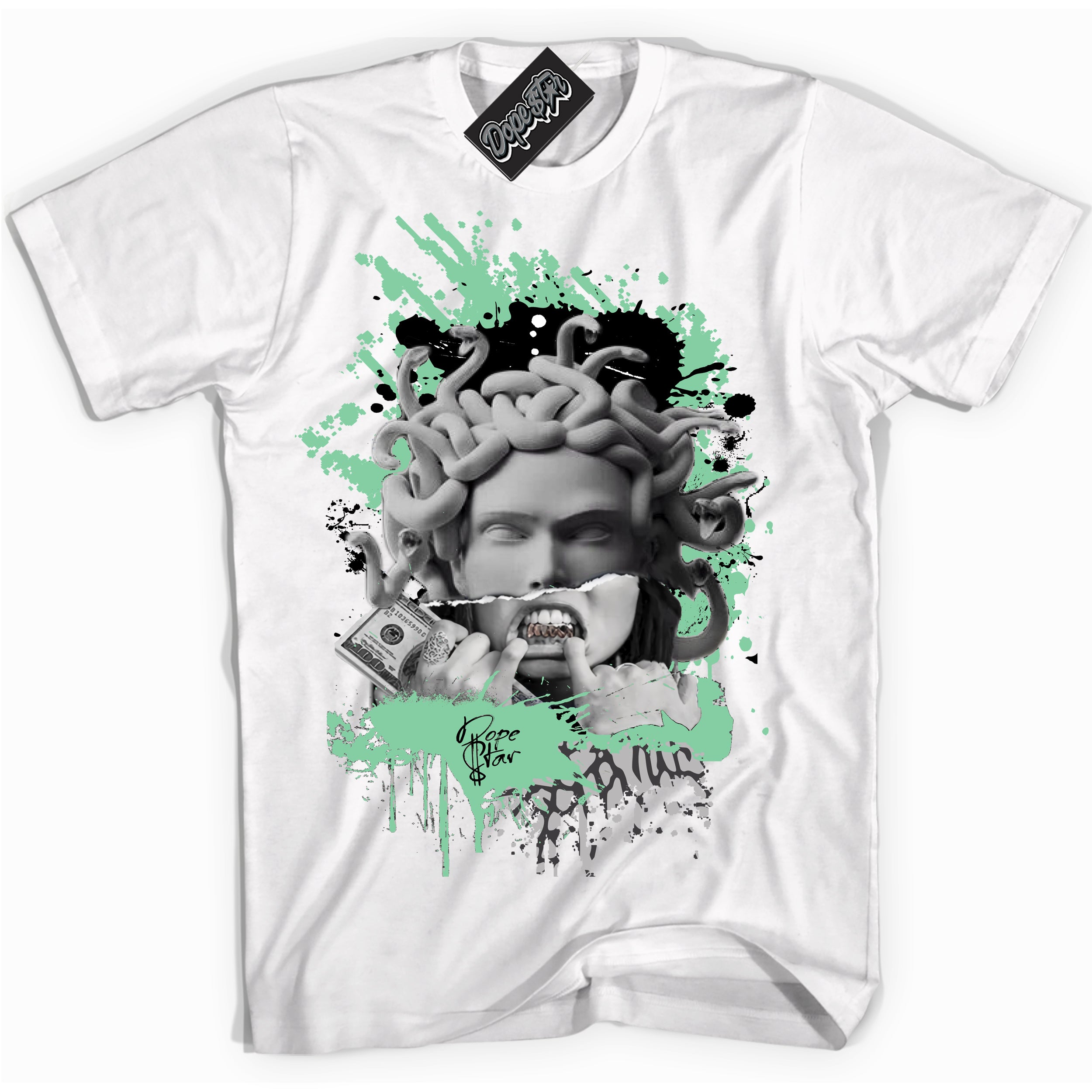 Cool White graphic tee with “ Medusa ” design, that perfectly matches Green Glow 3s sneakers 