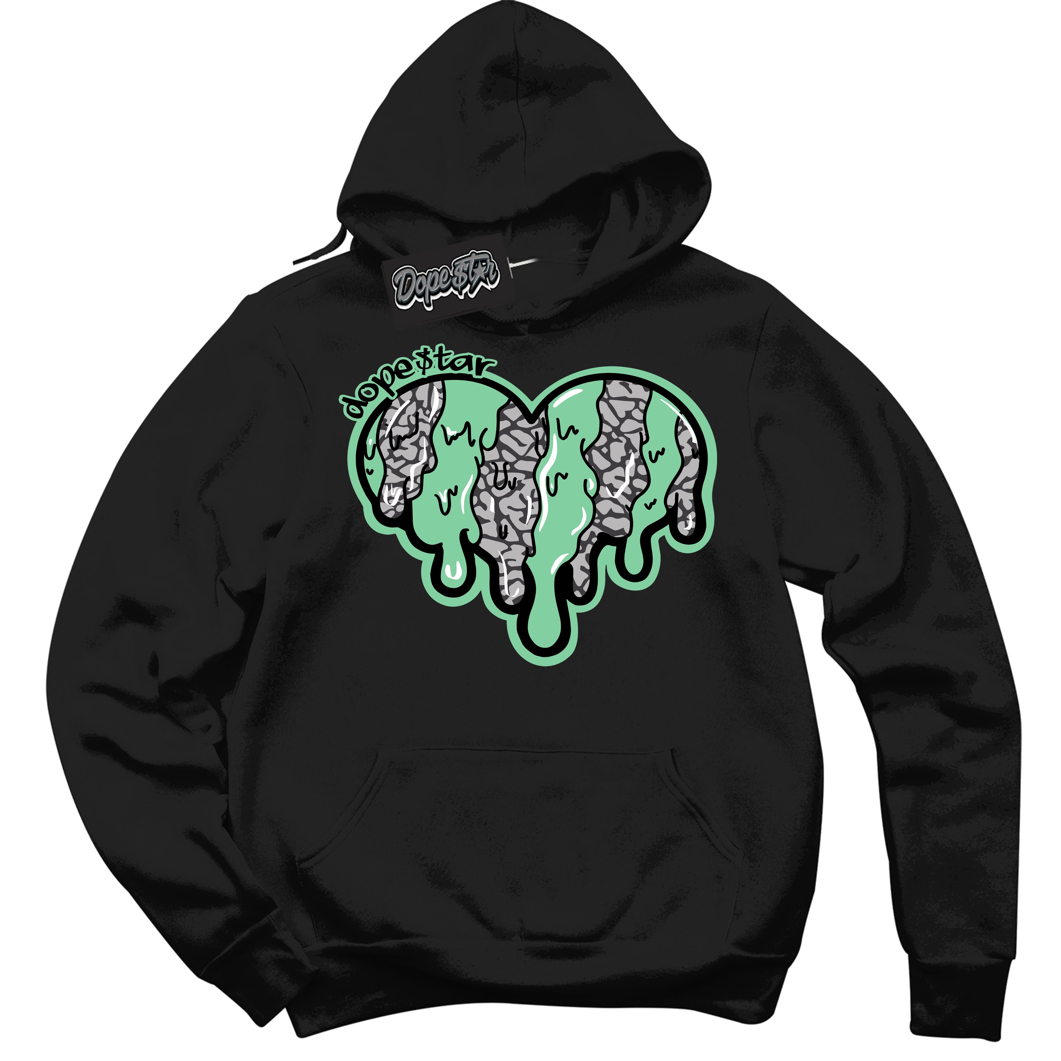 Cool Black Graphic DopeStar Hoodie with “ Melting Heart “ print, that perfectly matches Green Glow 3S sneakers